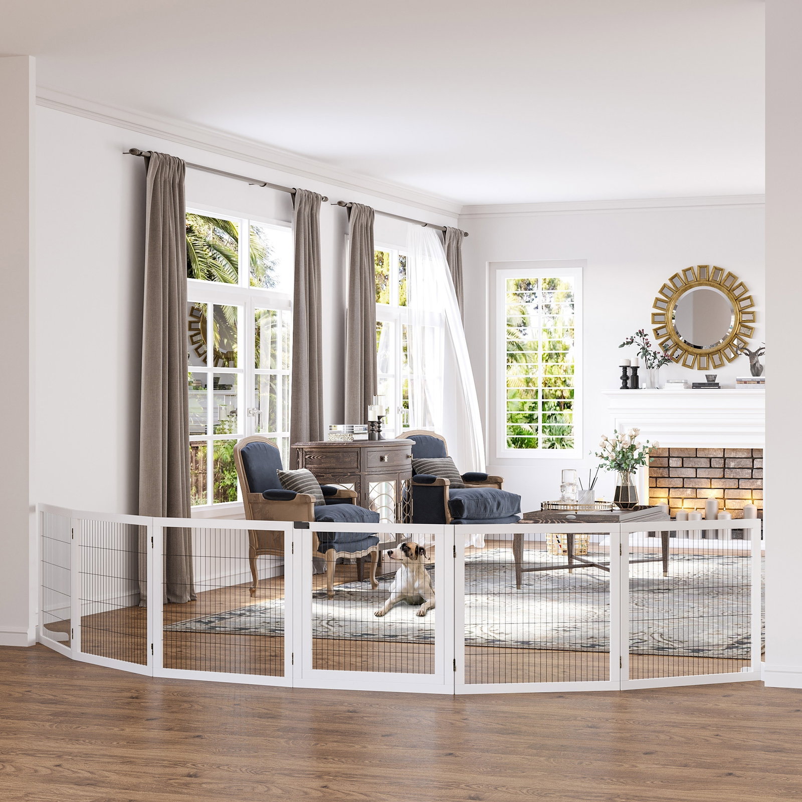 Barreira de Segurança para Cães de Madeira Dobrável para Cães Pequenos e Médios com 6 Painéis 432x36x70 cm Branco