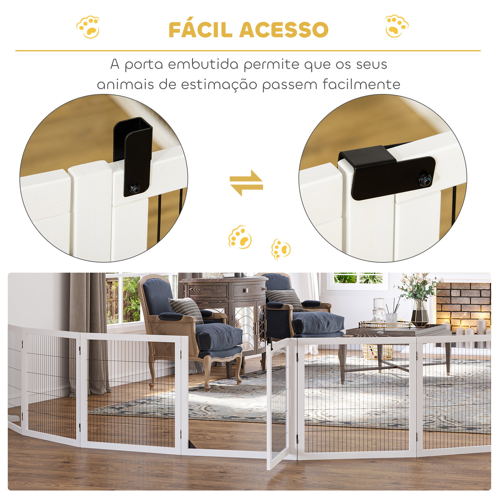 Barreira de Segurança para Cães de Madeira Dobrável para Cães Pequenos e Médios com 6 Painéis 432x36x70 cm Branco