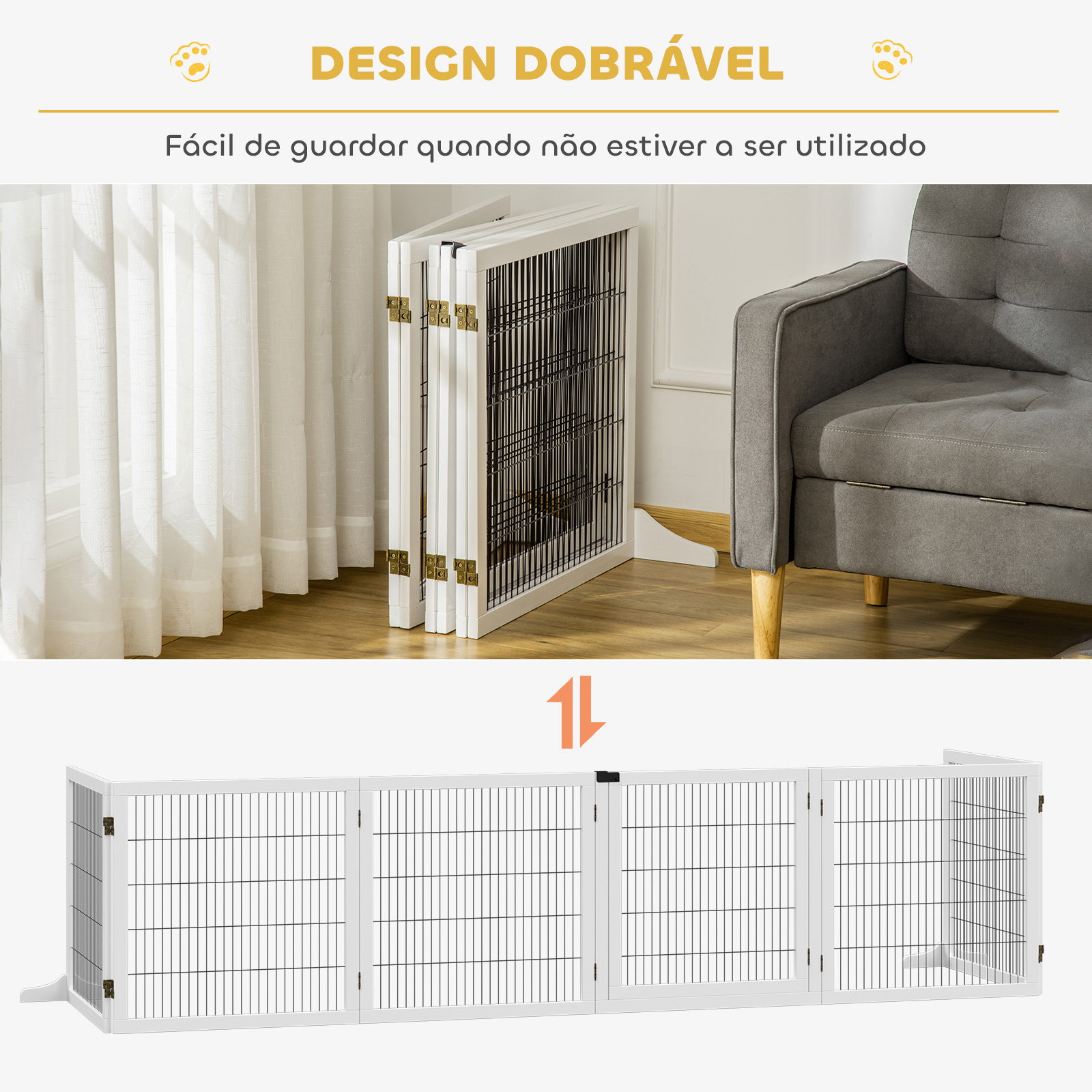 Barreira de Segurança para Cães de Madeira Dobrável para Cães Pequenos e Médios com 6 Painéis 432x36x70 cm Branco