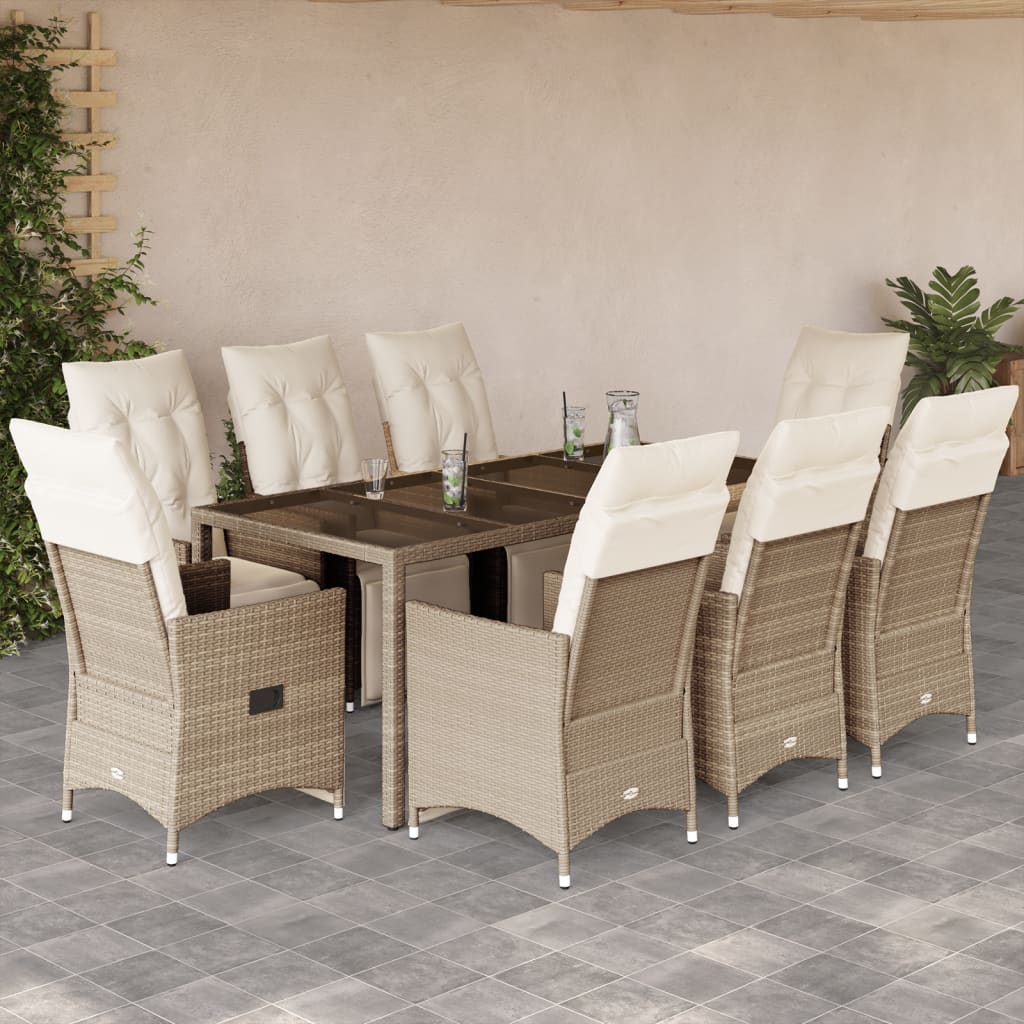 9 Pcs conjunto de bistrô para jardim c/ almofadões vime PE bege