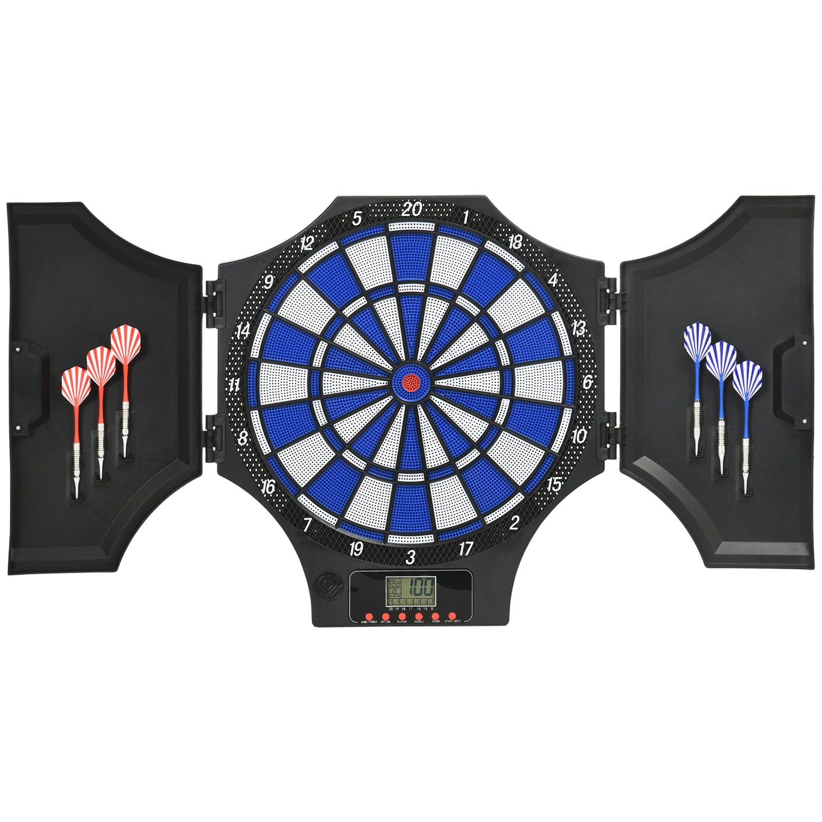 Alvo eletrónico dobrável com 31 jogos para 8 jogadores com 6 dardos e 6 pontas de substituição ecrã lcd 83x4x45 cm preto