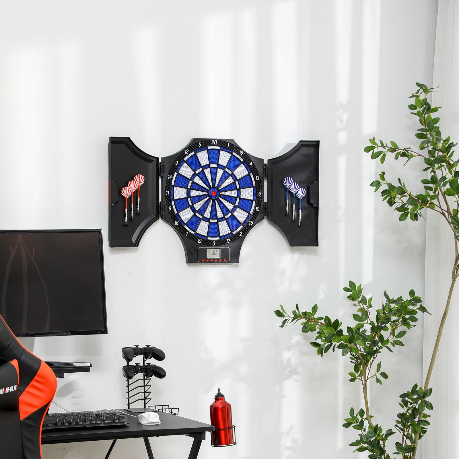 Alvo eletrónico dobrável com 31 jogos para 8 jogadores com 6 dardos e 6 pontas de substituição ecrã lcd 83x4x45 cm preto