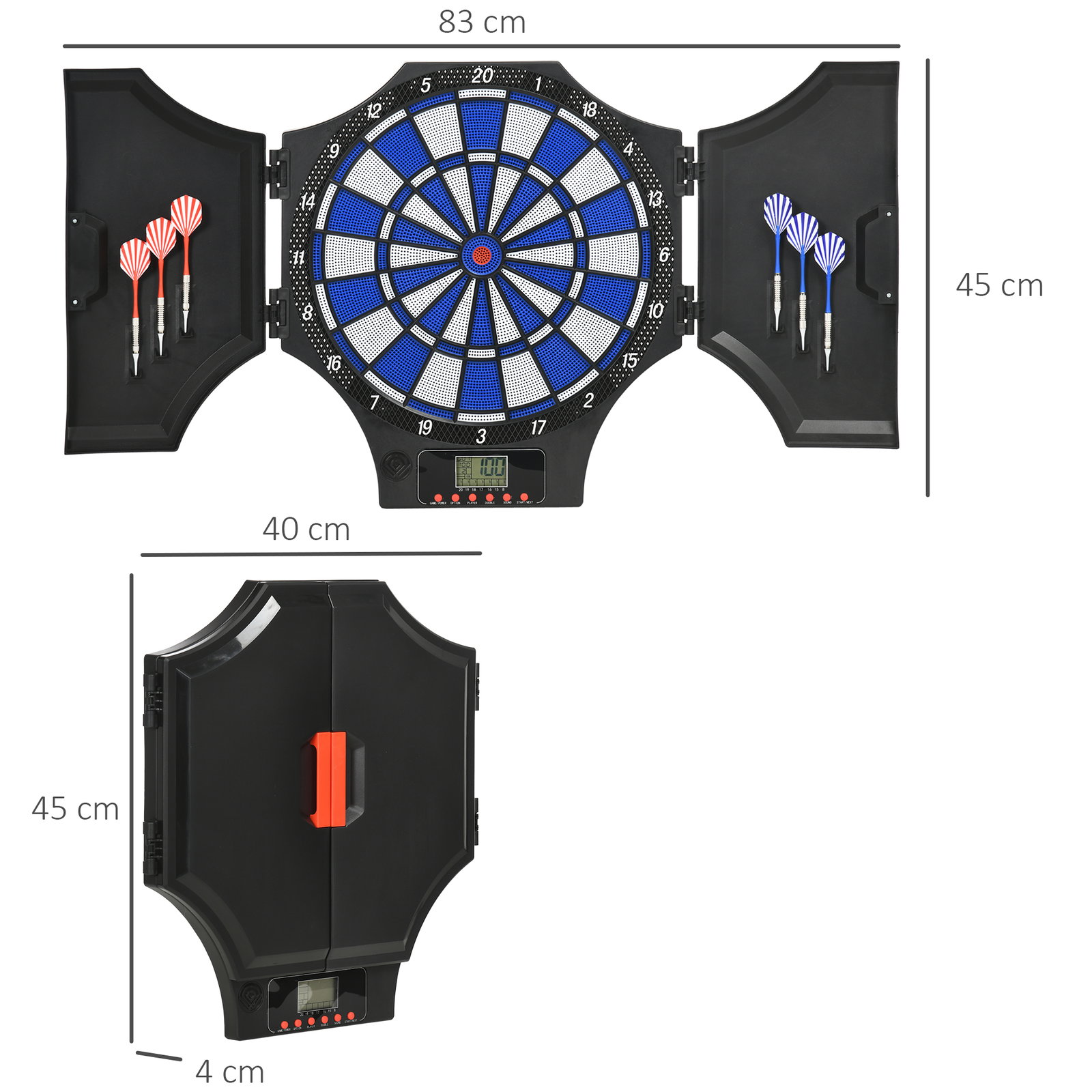 Alvo eletrónico dobrável com 31 jogos para 8 jogadores com 6 dardos e 6 pontas de substituição ecrã lcd 83x4x45 cm preto