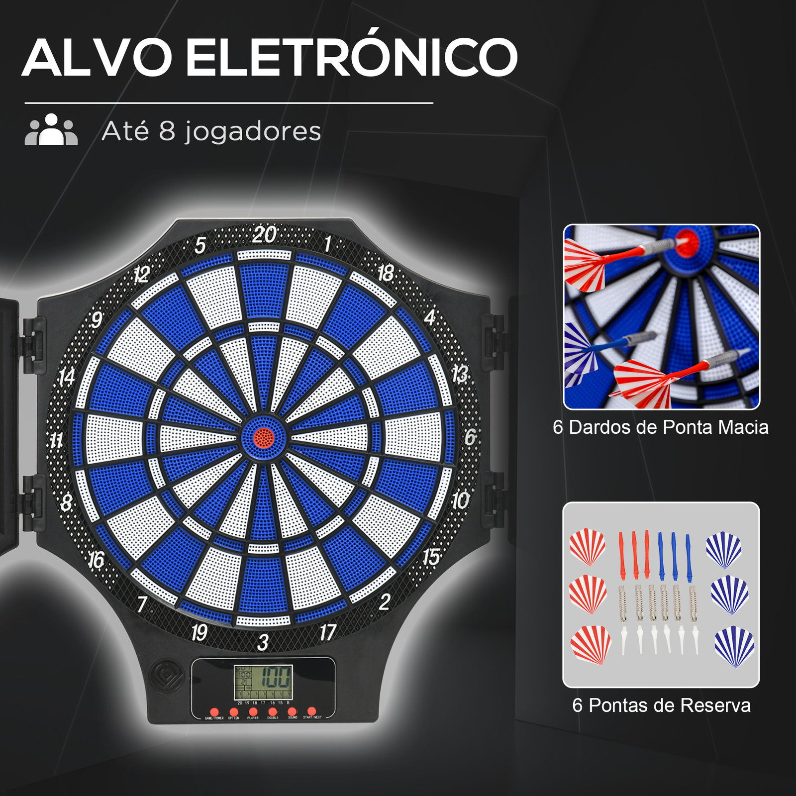 Alvo eletrónico dobrável com 31 jogos para 8 jogadores com 6 dardos e 6 pontas de substituição ecrã lcd 83x4x45 cm preto