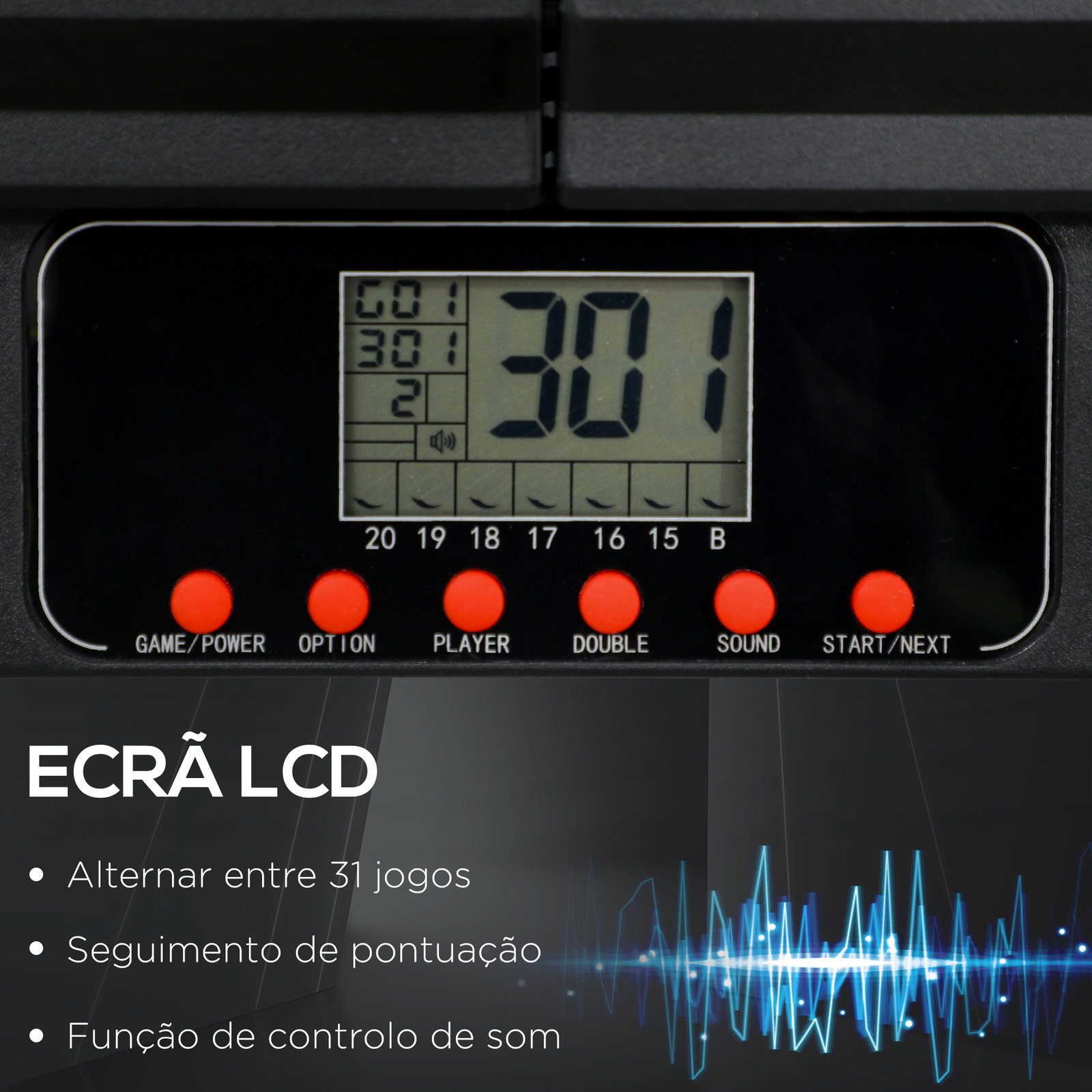 Alvo eletrónico dobrável com 31 jogos para 8 jogadores com 6 dardos e 6 pontas de substituição ecrã lcd 83x4x45 cm preto