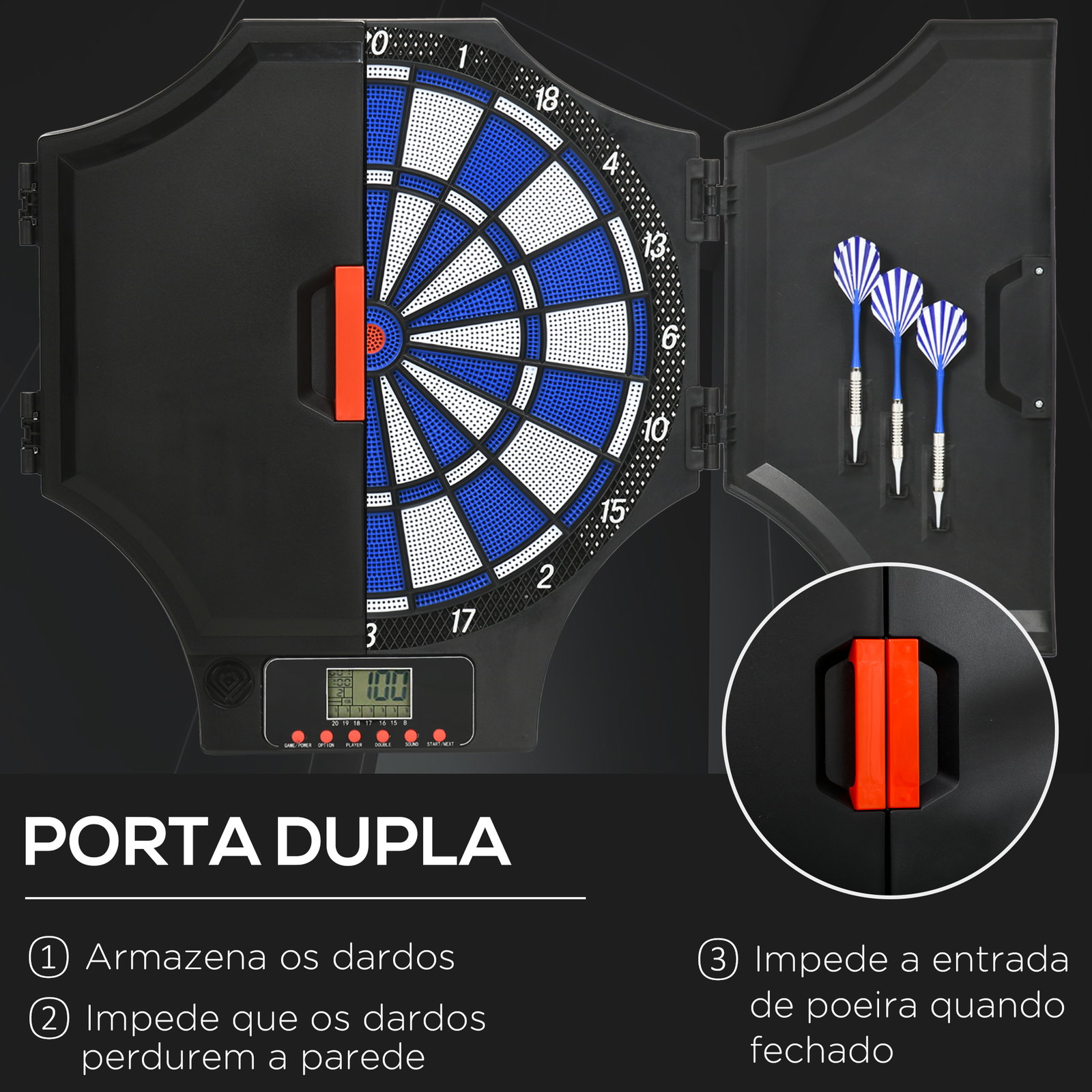 Alvo eletrónico dobrável com 31 jogos para 8 jogadores com 6 dardos e 6 pontas de substituição ecrã lcd 83x4x45 cm preto