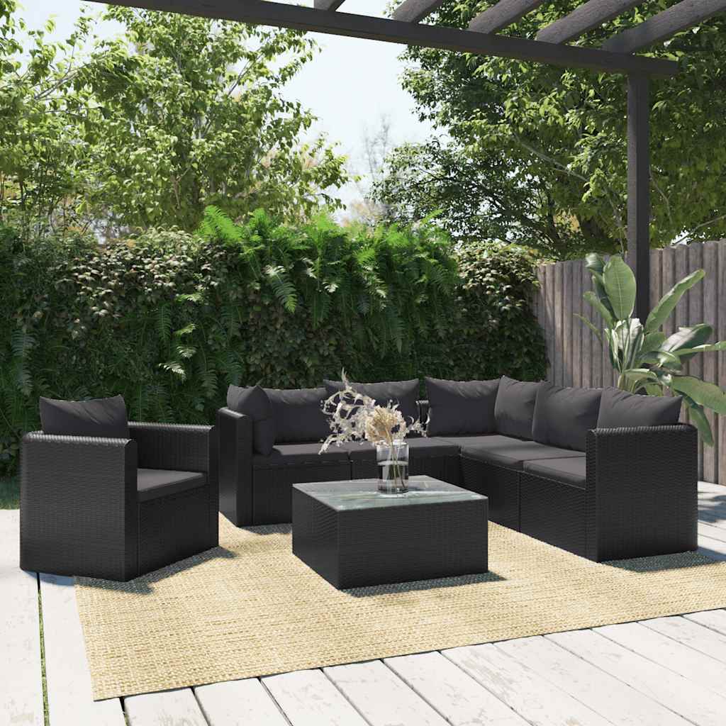 7 Pcs conjunto lounge de jardim c/ almofadões vime PE preto