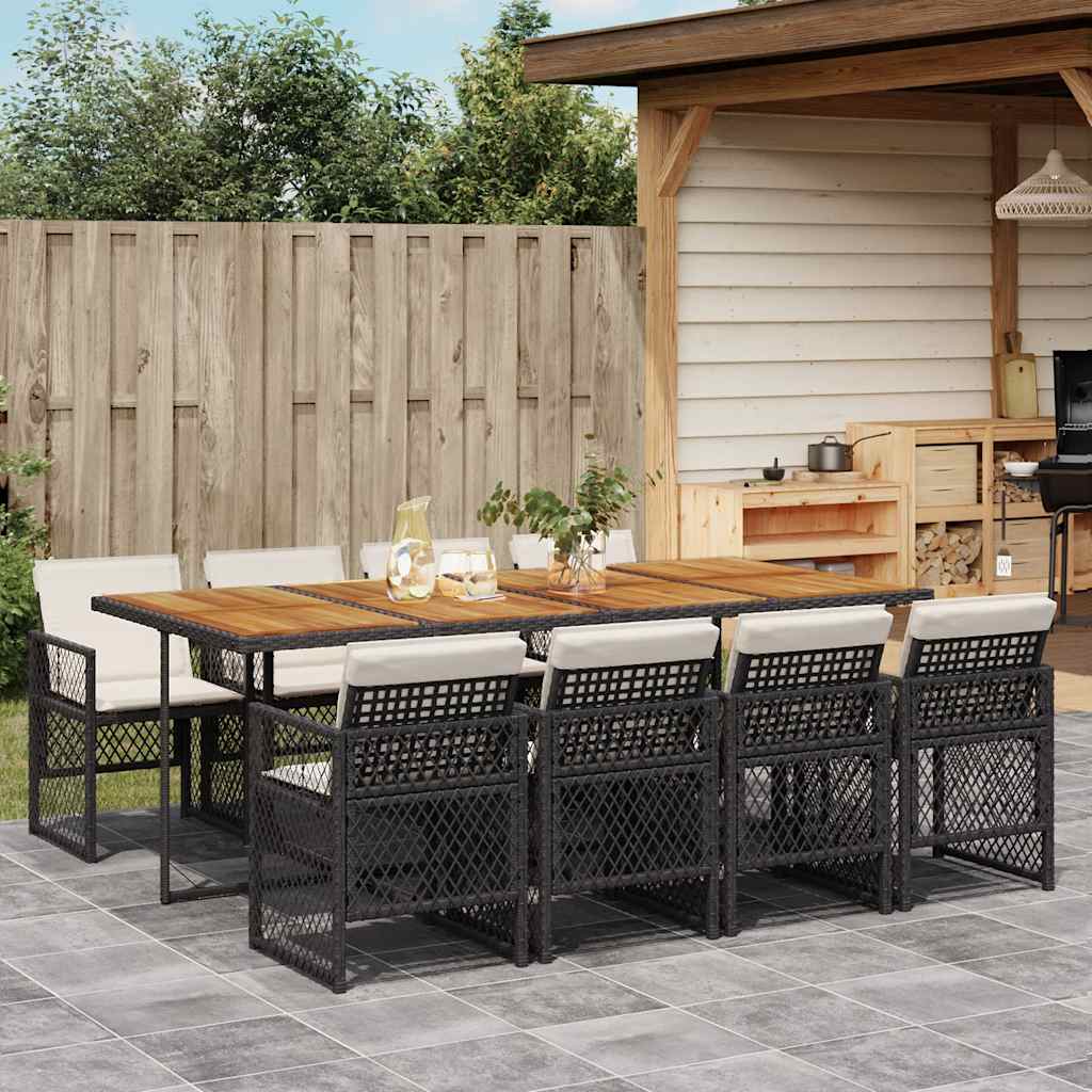 9 Pcs conjunto de jantar p/ jardim c/ almofadões vime PE preto