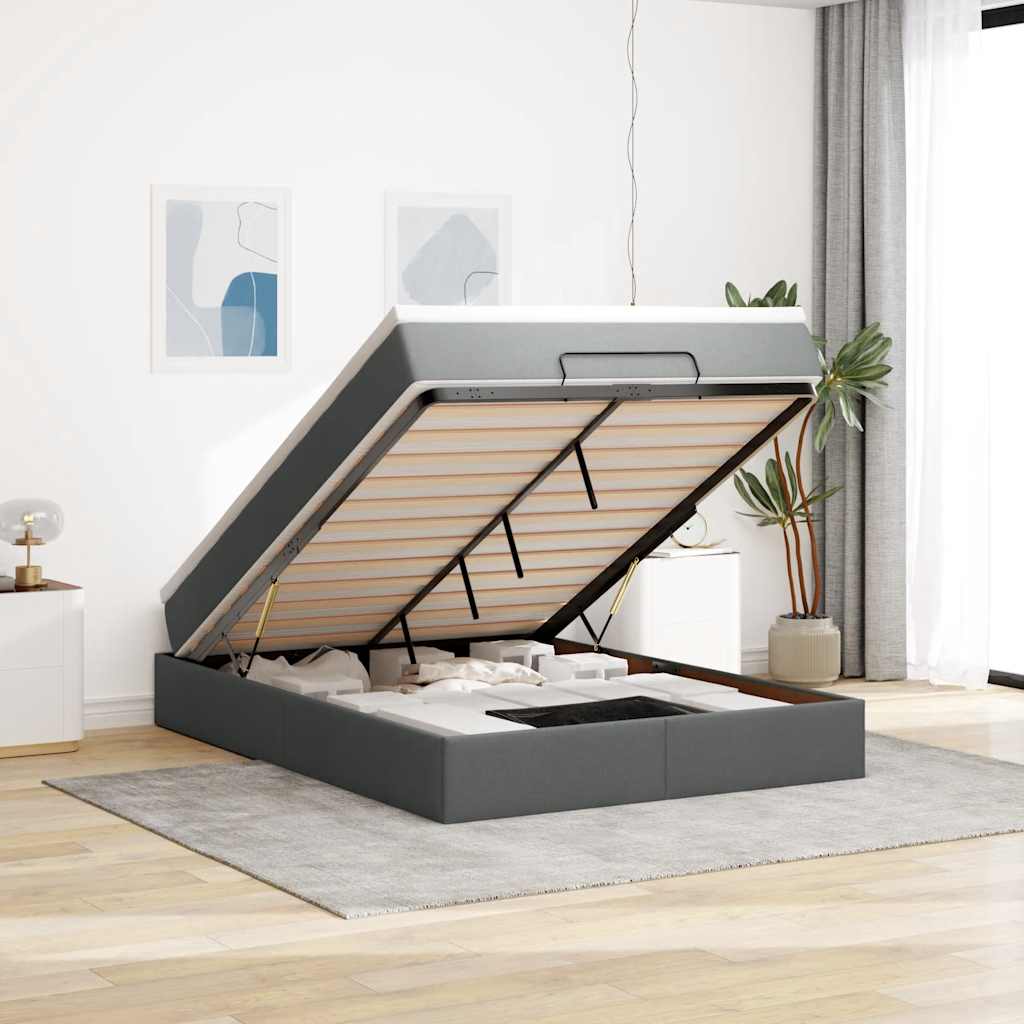 Estrutura cama otomana colchão 140x200cm tecido cinzento escuro