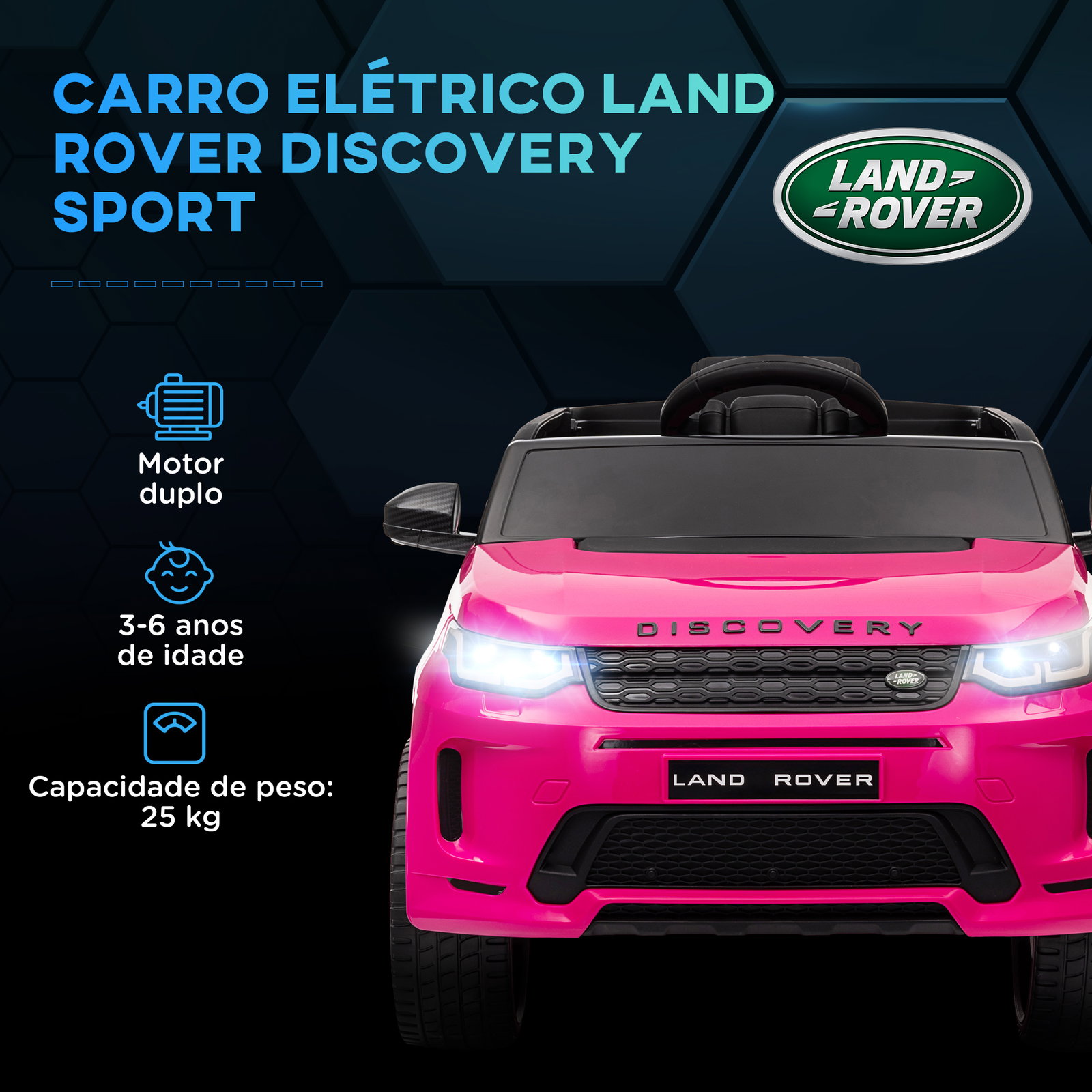 Carro elétrico para crianças com licença land rover discovery sport bateria 12v faróis buzina e música 106x65,5x51 cm rosa