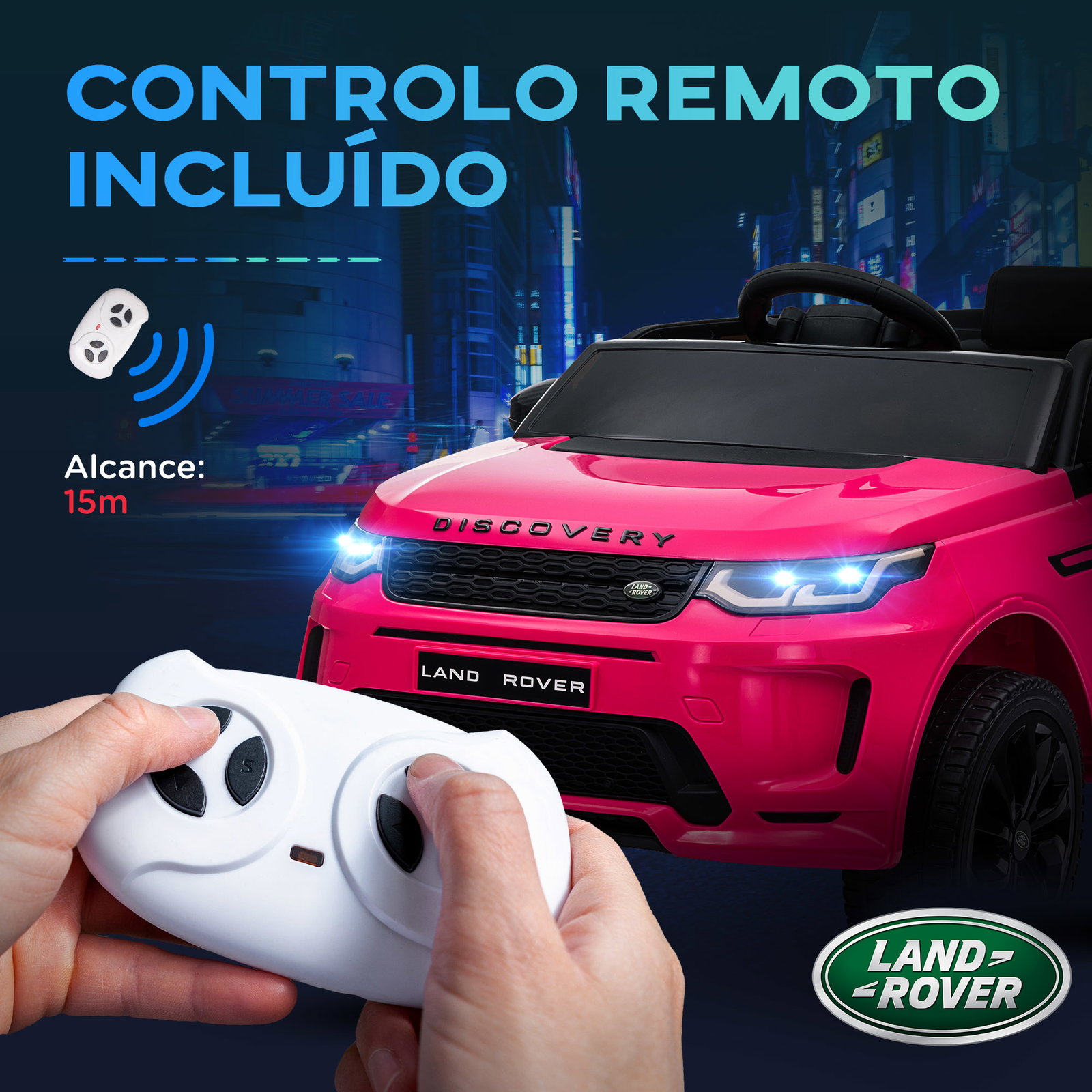 Carro elétrico para crianças com licença land rover discovery sport bateria 12v faróis buzina e música 106x65,5x51 cm rosa