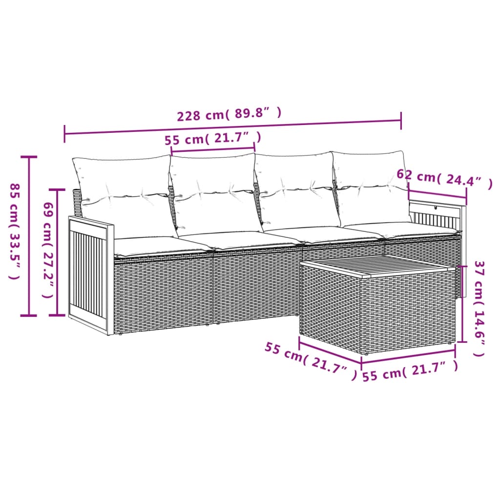5 Pcs conjunto sofás de jardim c/ almofadões vime PE cinzento