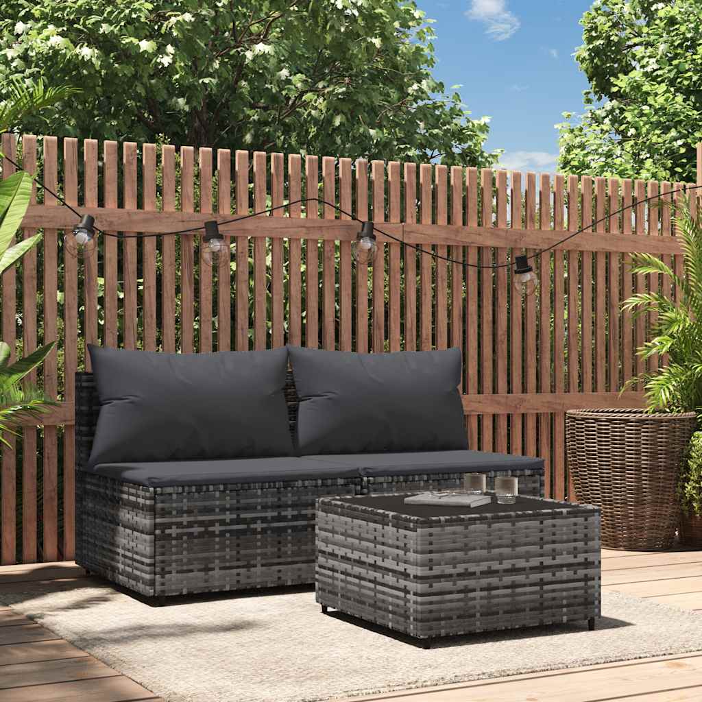 3 Pcs conjunto lounge de jardim c/ almofadões vime PE cinzento