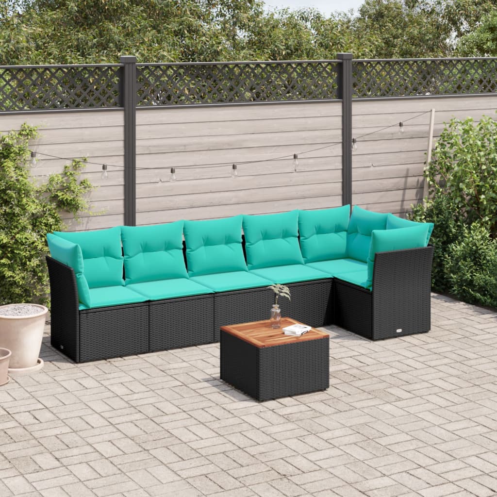 7 Pcs conjunto de sofás p/ jardim c/ almofadões vime PE preto