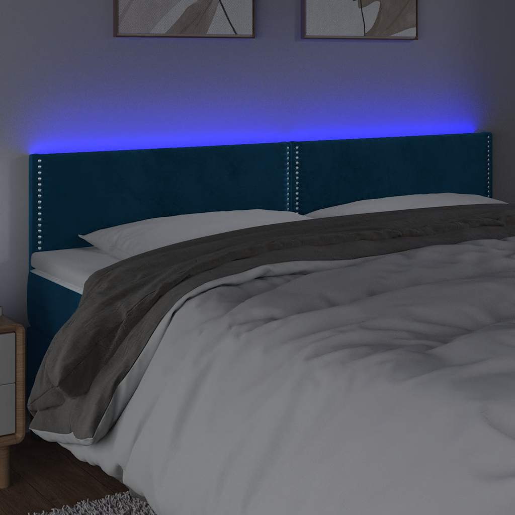 Cabeceira de cama c/ luzes LED veludo 200x5x78/88cm azul-escuro