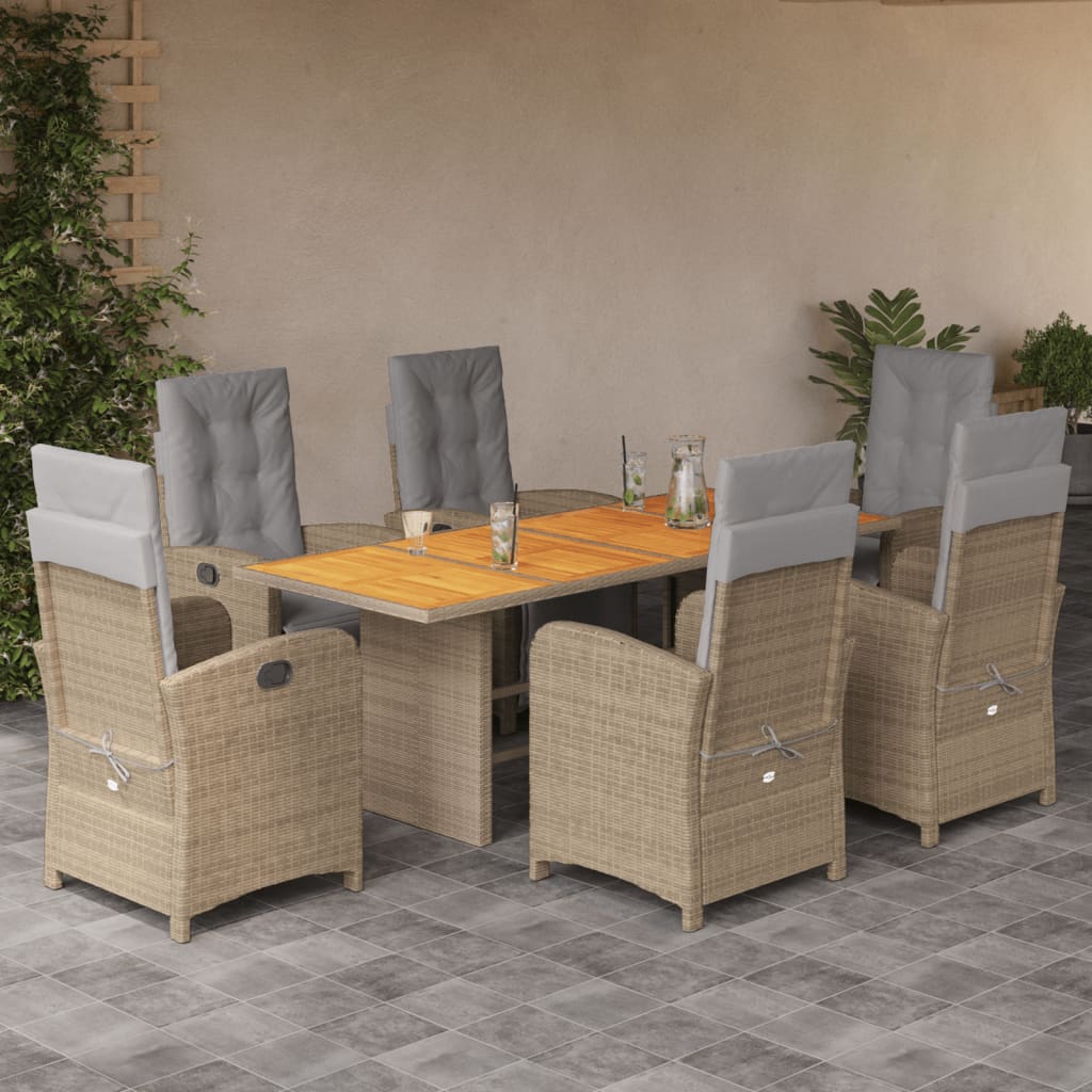 7 Pcs conjunto de jantar p/ jardim com almofadões vime PE bege