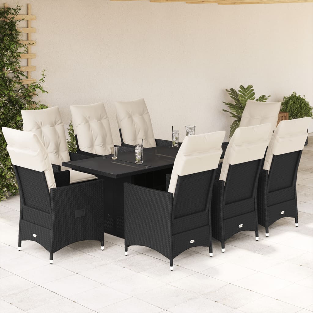 9 Pcs conjunto de jantar p/ jardim c/ almofadões vime PE preto