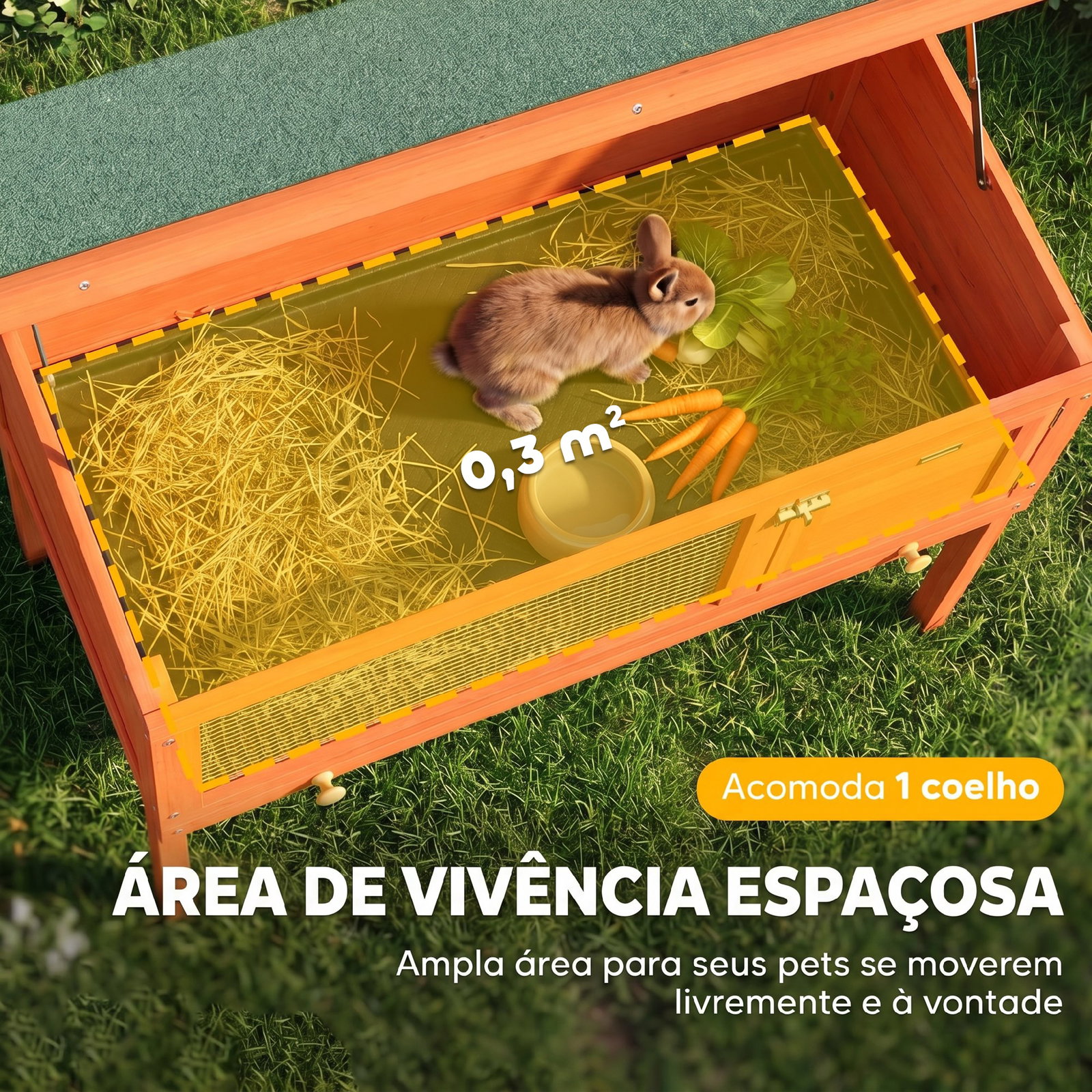 Casa de coelhos de madeira com teto de asfalto abatível e bandeja removível e porta 90x45x65 cm madeira