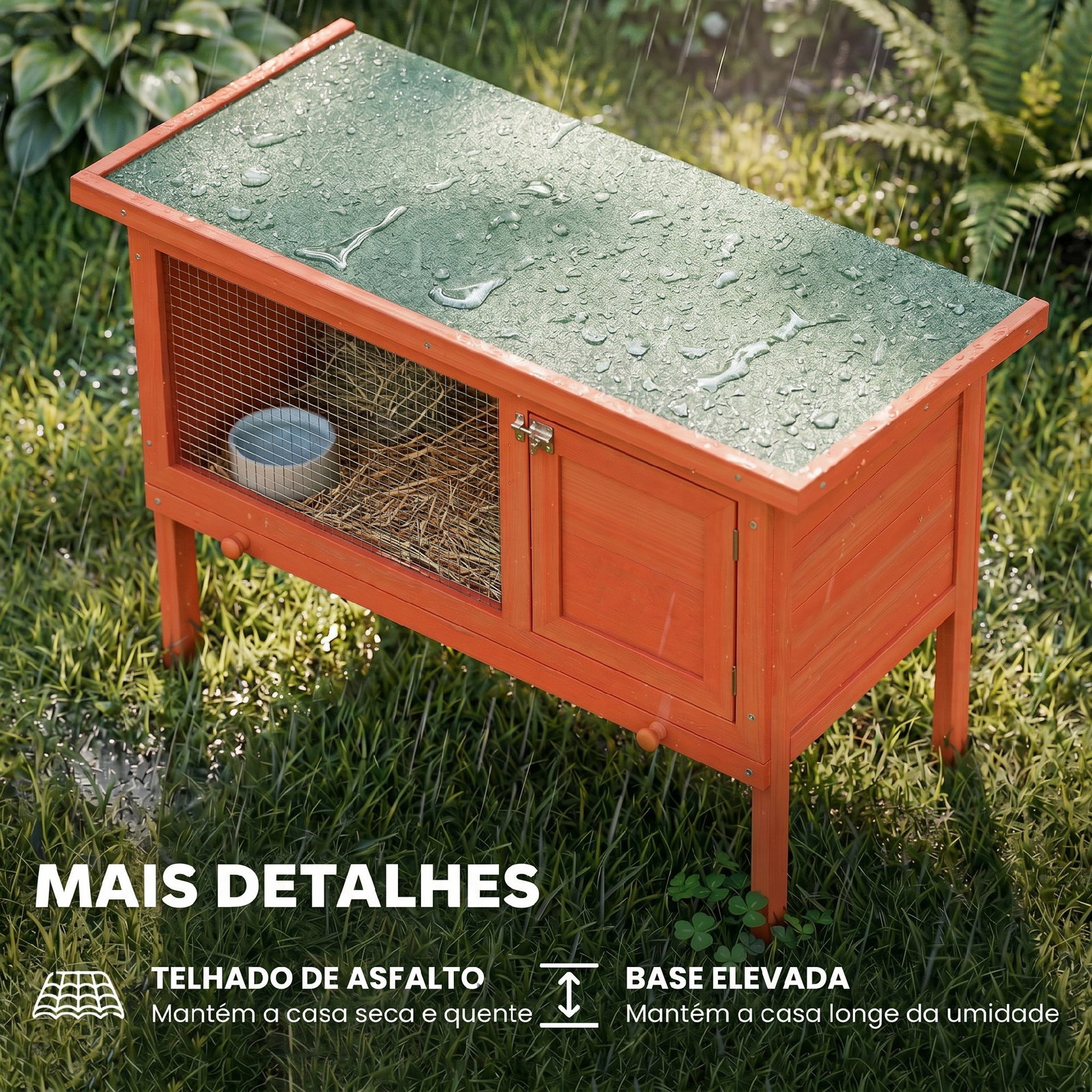 Casa de coelhos de madeira com teto de asfalto abatível e bandeja removível e porta 90x45x65 cm madeira