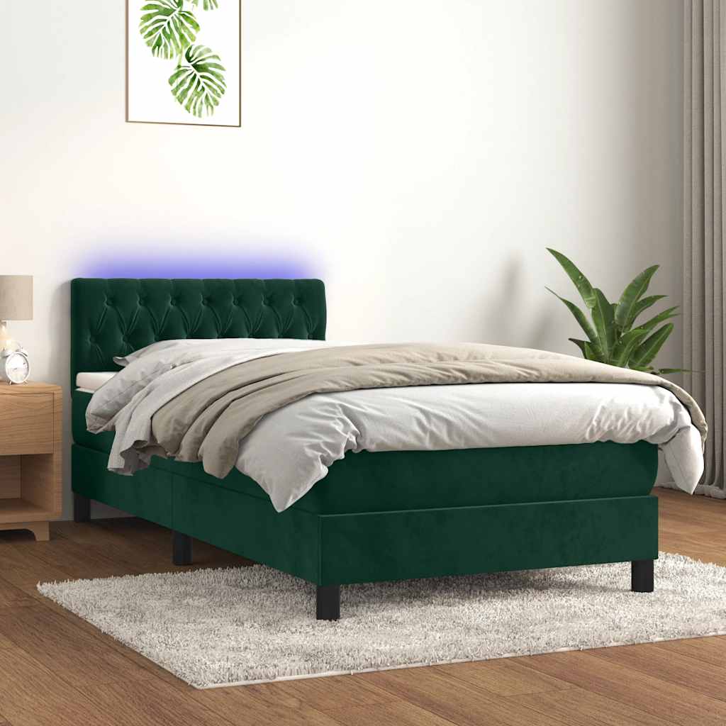 Cama box spring c/ colchão/LED 100x200 cm veludo verde-escuro