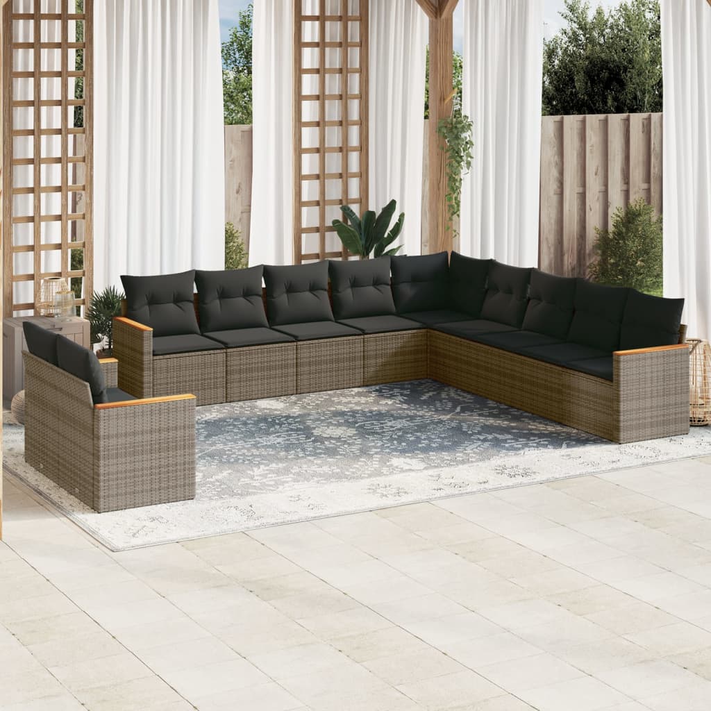 11 Pcs conjunto sofás de jardim c/ almofadões vime PE cinzento