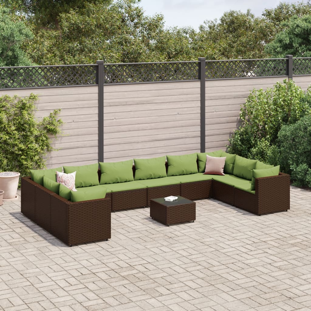 11 Pcs conjunto lounge jardim c/ almofadões vime PE castanho