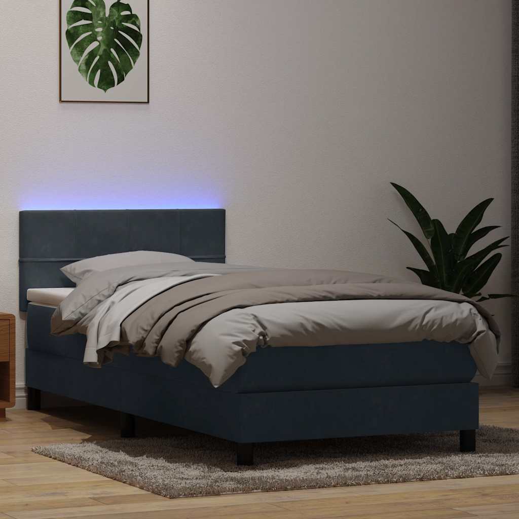 Cama box spring c/ colchão e LED cinza-escuro 80x220 cm veludo