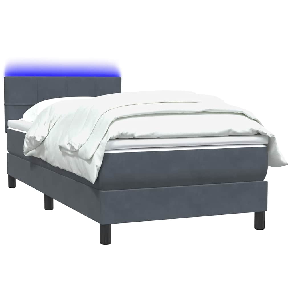 Cama box spring c/ colchão e LED cinza-escuro 80x220 cm veludo