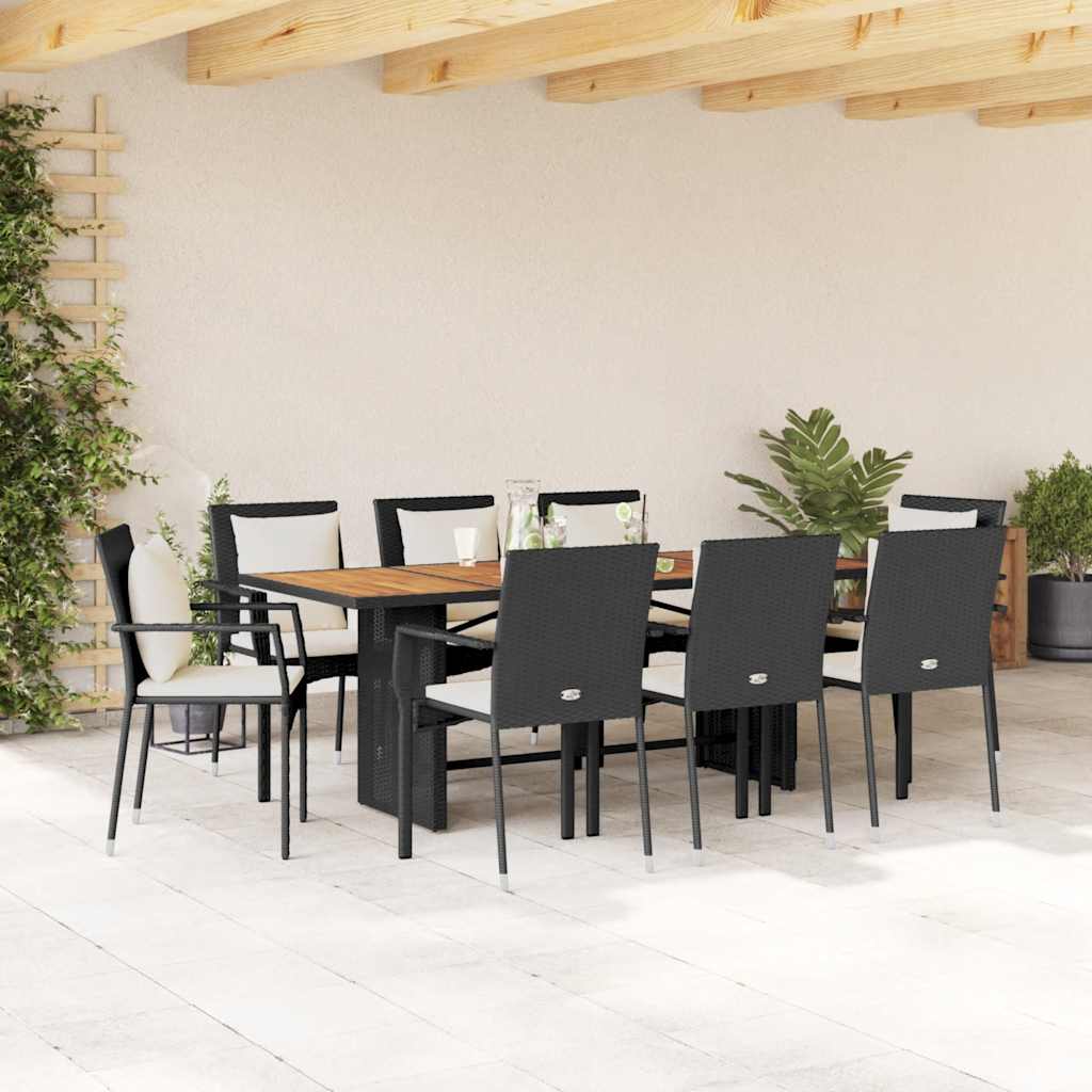 9 Pcs conjunto de jantar p/ jardim c/ almofadões vime PE preto
