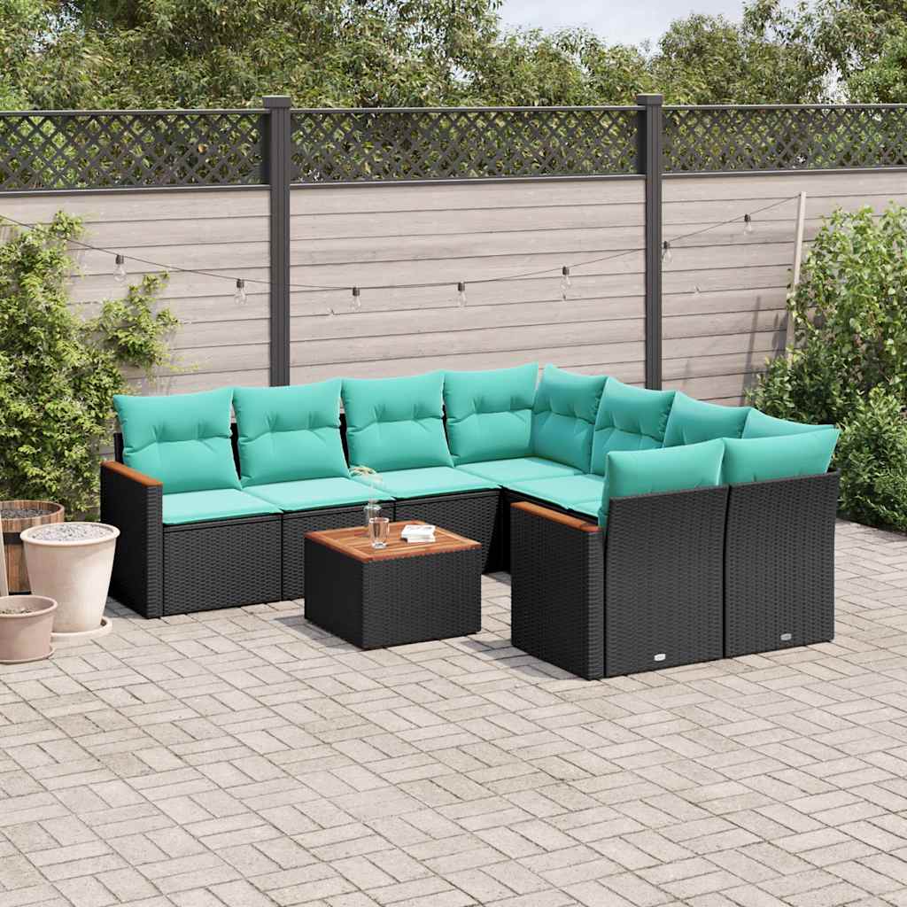 Conjunto de sofá de jardim de 9 peças com almofadas em rattan sintético preto