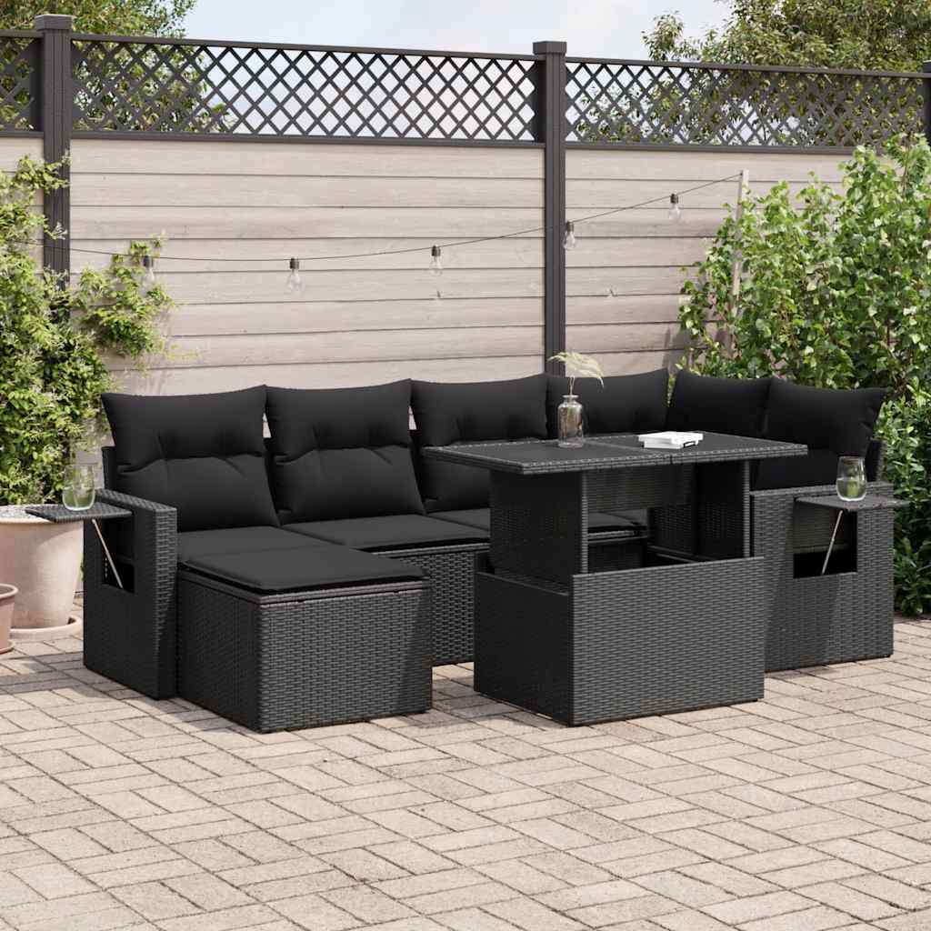 7 Pcs conjunto de sofás p/ jardim c/ almofadões vime PE preto
