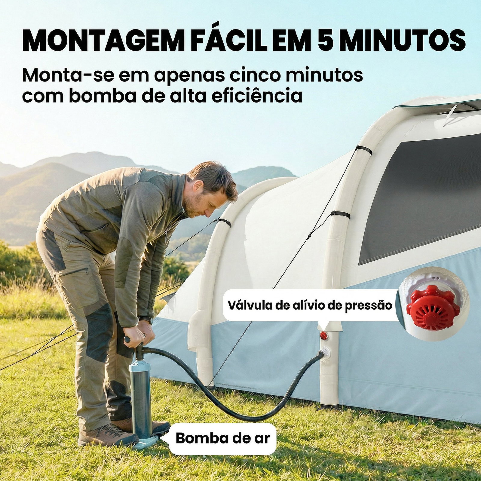Tenda de campismo insuflável 2-3 pessoas com bomba quarto e área de estar impermeável 3000 mm montagem rápida azul claro