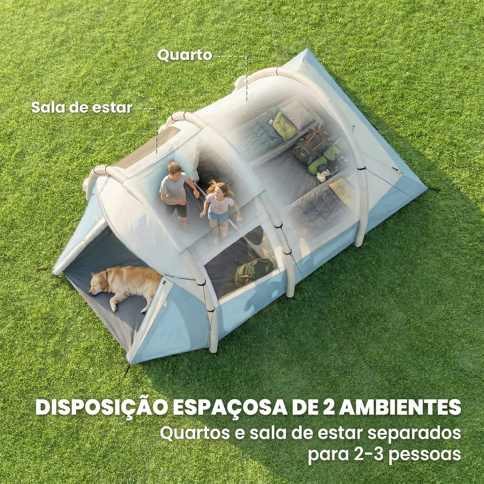 Tenda de campismo insuflável 2-3 pessoas com bomba quarto e área de estar impermeável 3000 mm montagem rápida azul claro