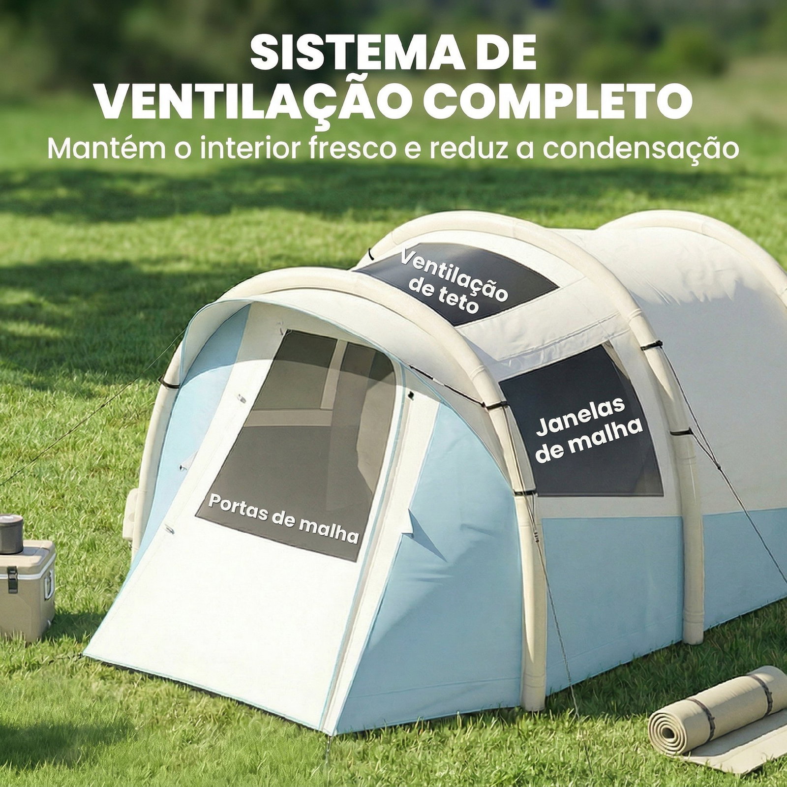 Tenda de campismo insuflável 2-3 pessoas com bomba quarto e área de estar impermeável 3000 mm montagem rápida azul claro