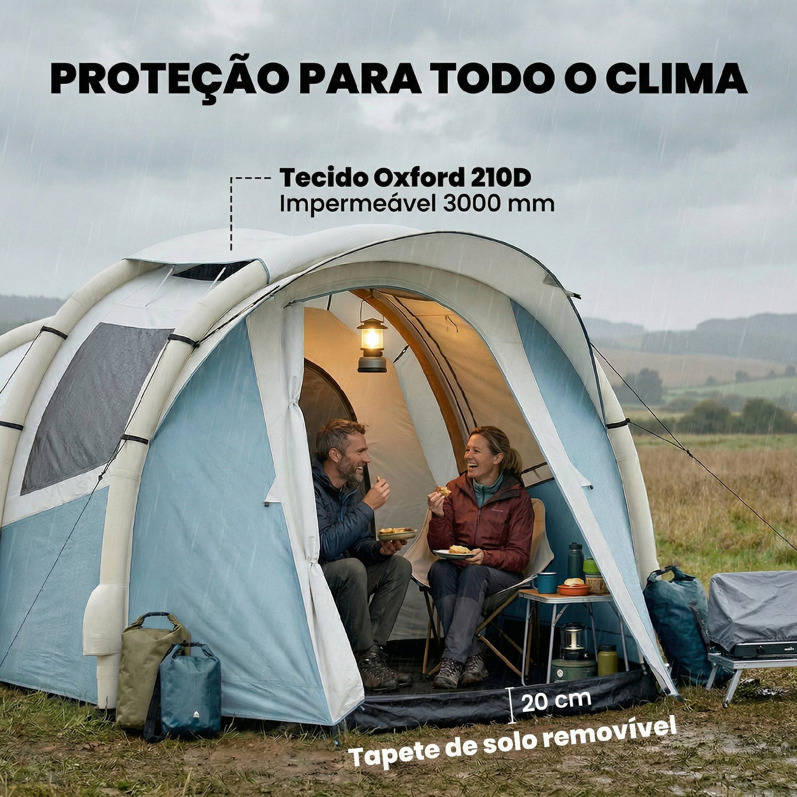 Tenda de campismo insuflável 2-3 pessoas com bomba quarto e área de estar impermeável 3000 mm montagem rápida azul claro