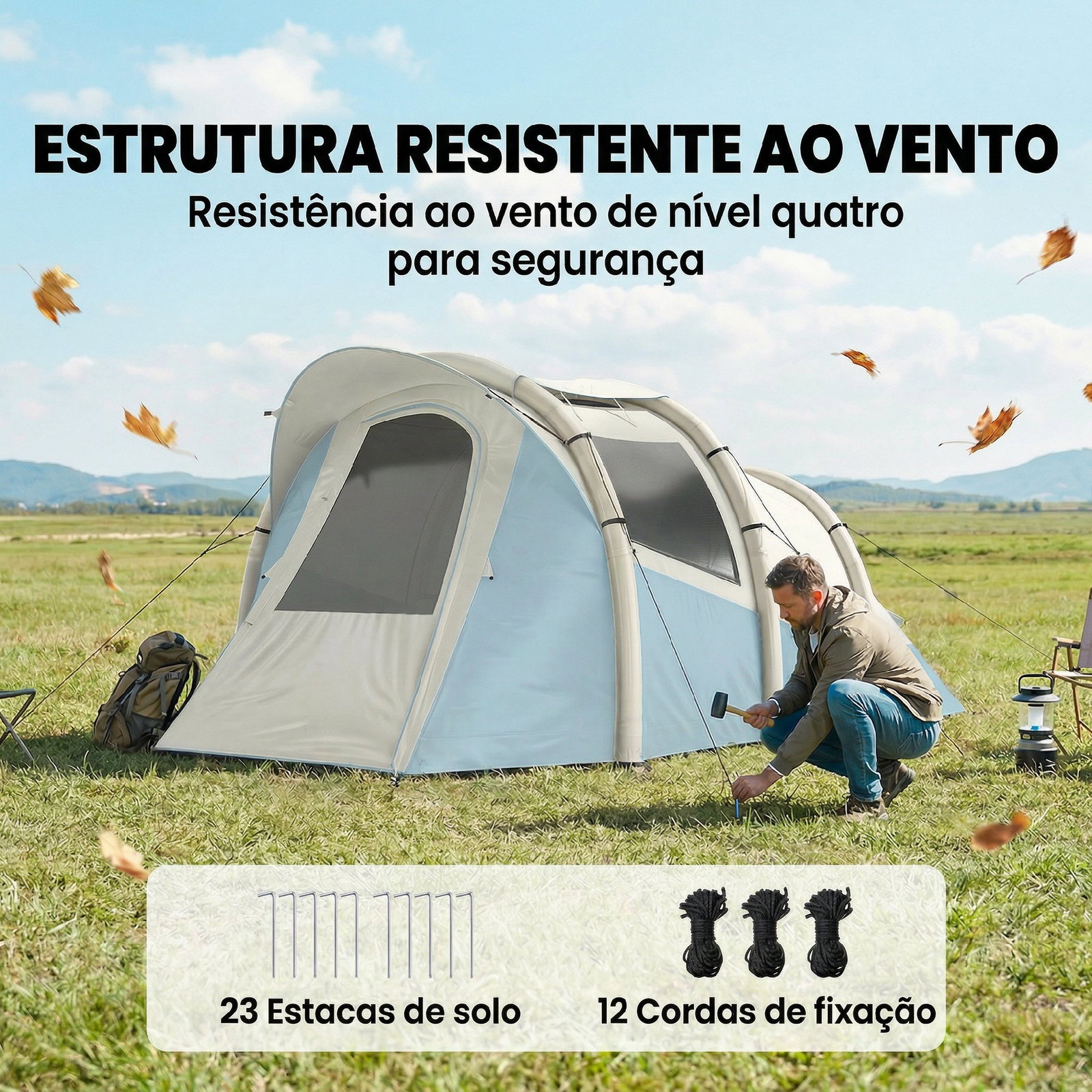 Tenda de campismo insuflável 2-3 pessoas com bomba quarto e área de estar impermeável 3000 mm montagem rápida azul claro