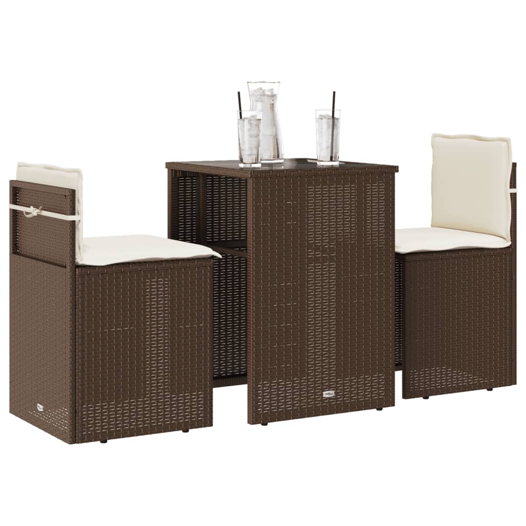 3 Pcs conjunto bistrô com almofadões vime PE castanho