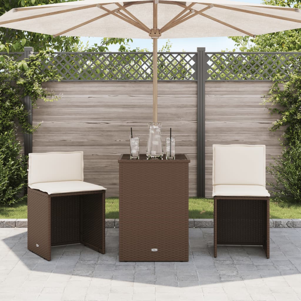 3 Pcs conjunto bistrô com almofadões vime PE castanho
