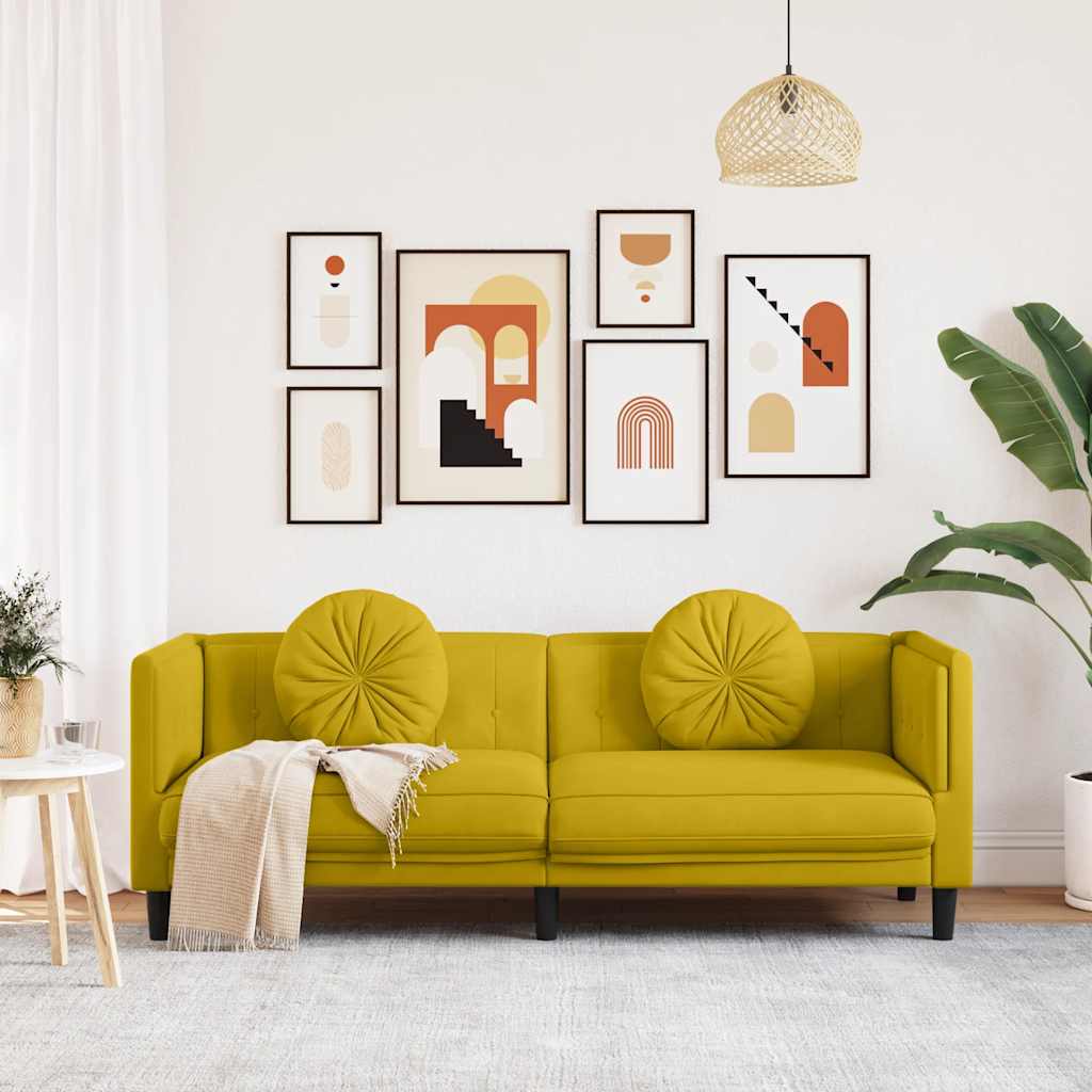 Sofá com almofadões 3 lugares veludo amarelo