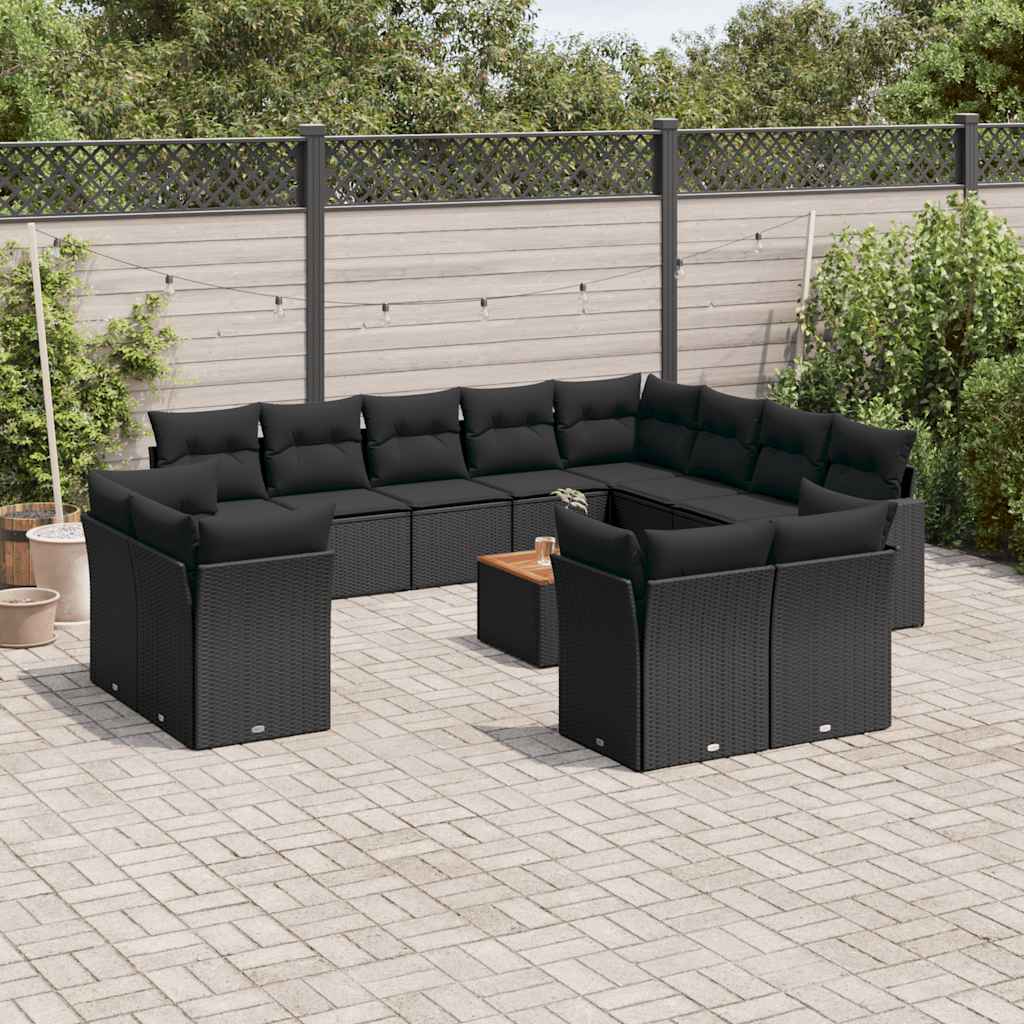 13 Pcs conjunto de sofás de jardim com almofadões vime PE preto