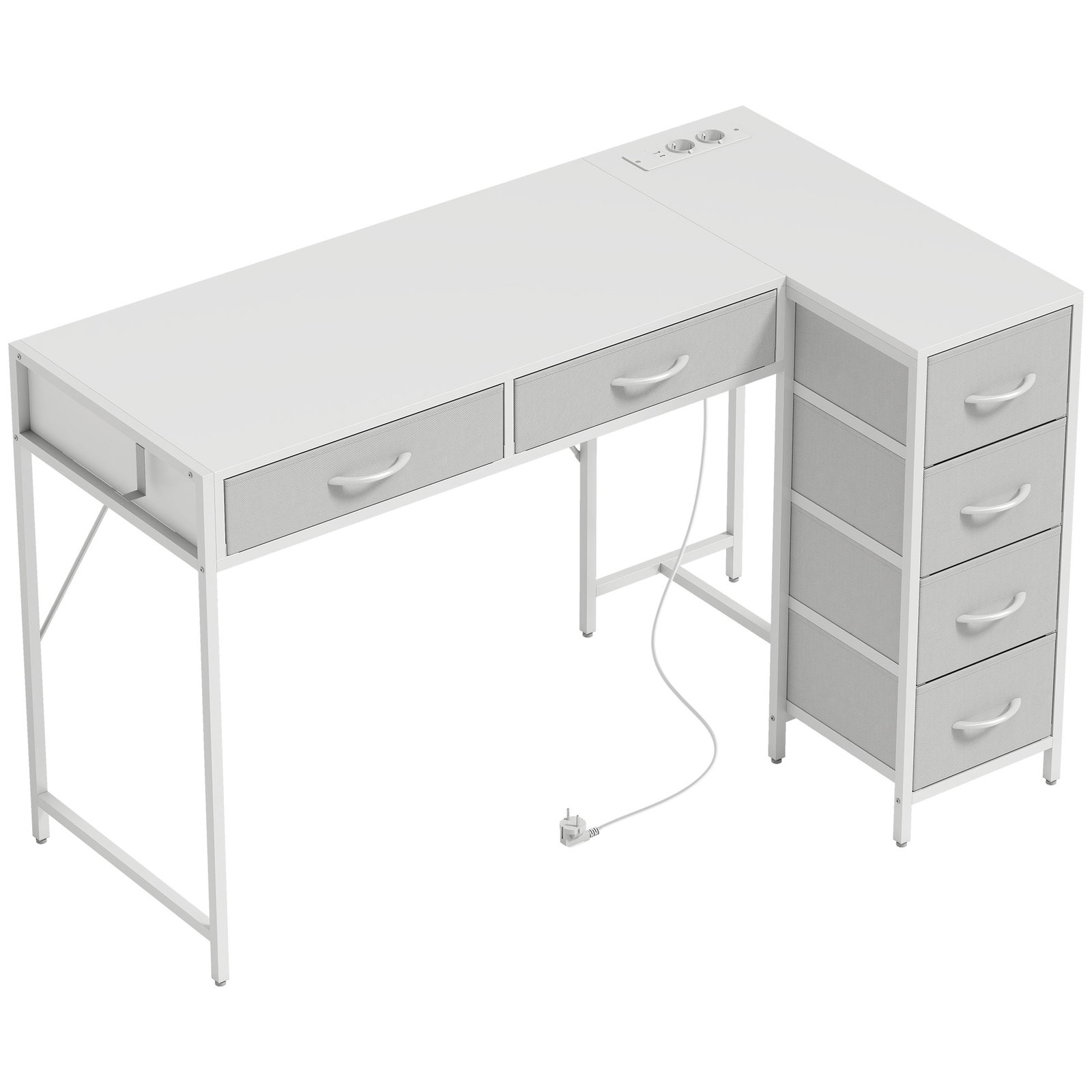 Secretária de canto reversível com 6 gavetas 126x48 cm com tomada de energia porta USB e USB-c branco