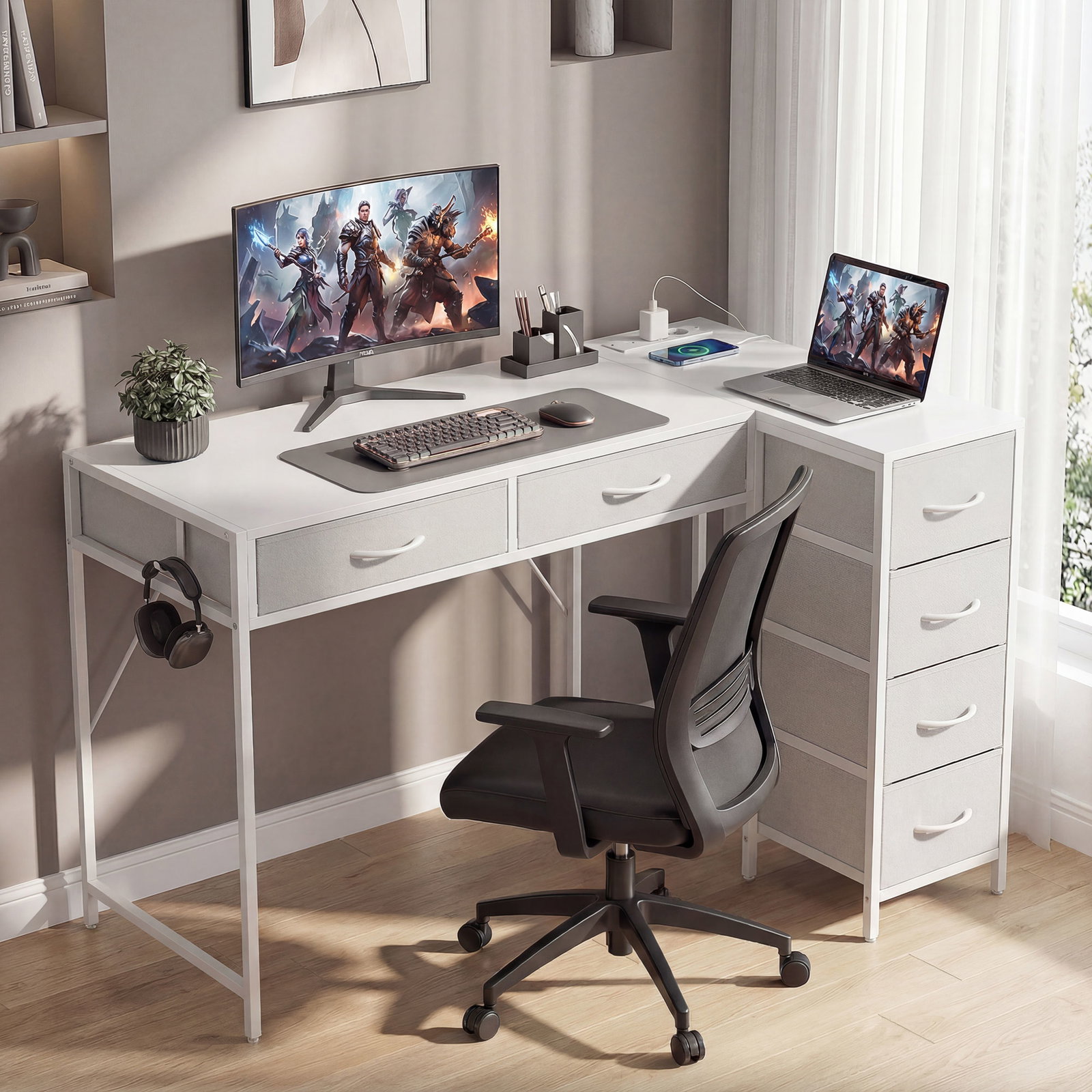 Secretária de canto reversível com 6 gavetas 126x48 cm com tomada de energia porta USB e USB-c branco