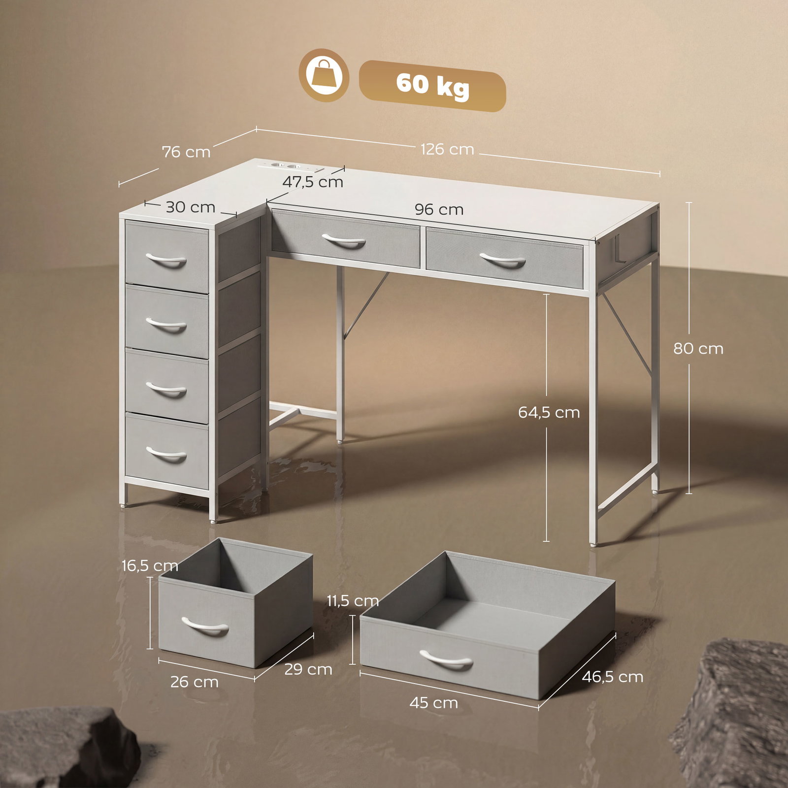 Secretária de canto reversível com 6 gavetas 126x48 cm com tomada de energia porta USB e USB-c branco