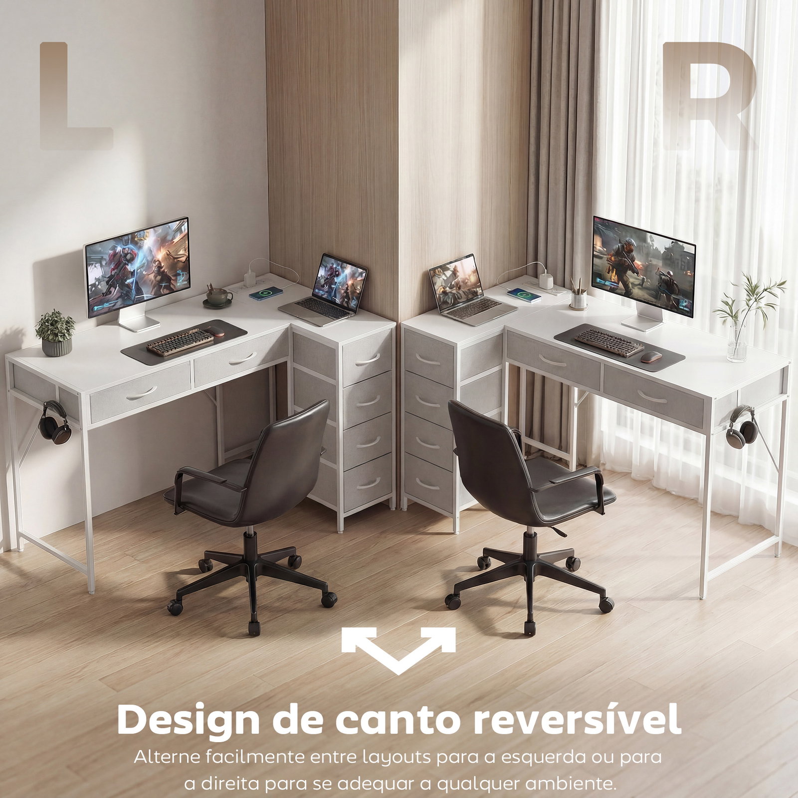 Secretária de canto reversível com 6 gavetas 126x48 cm com tomada de energia porta USB e USB-c branco