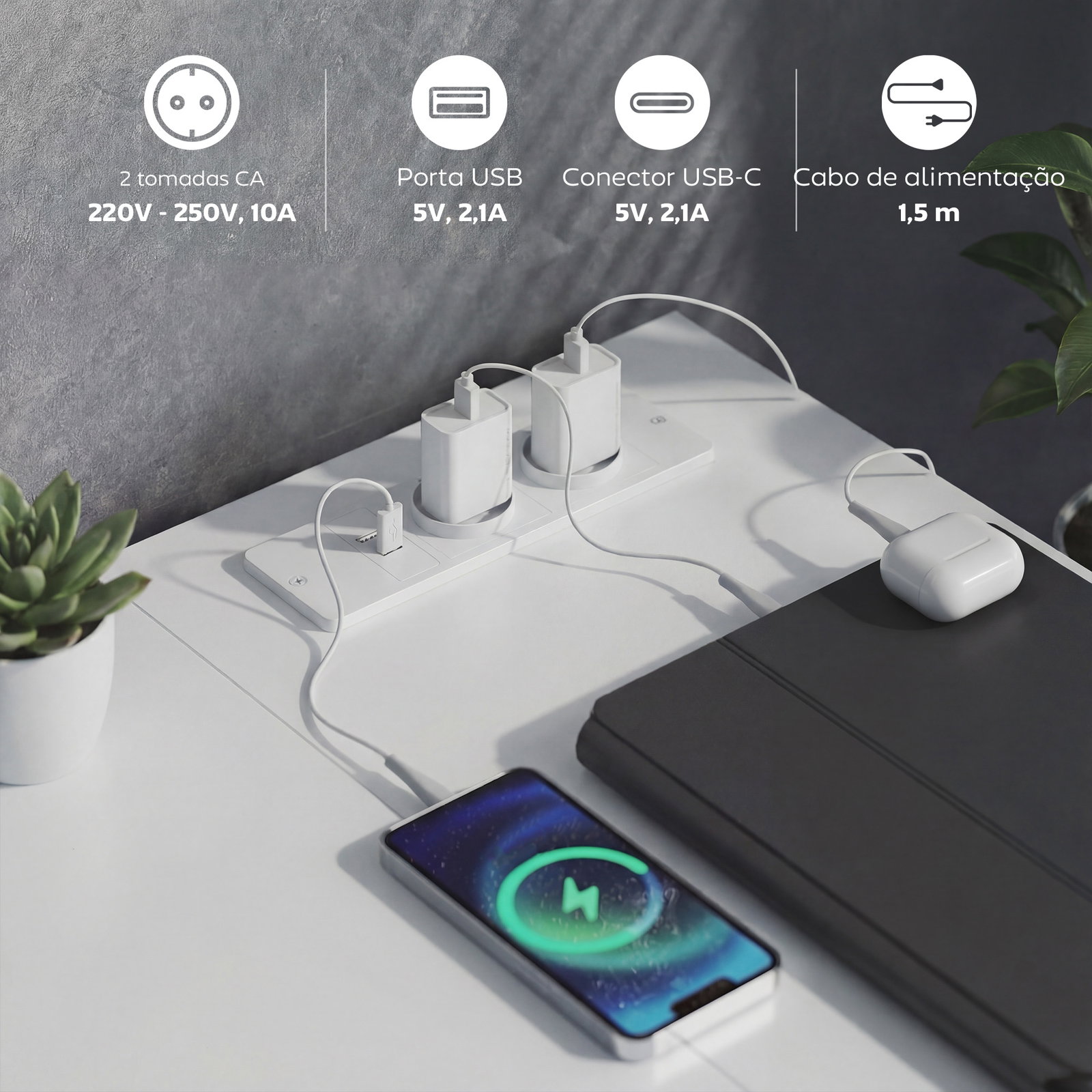 Secretária de canto reversível com 6 gavetas 126x48 cm com tomada de energia porta USB e USB-c branco