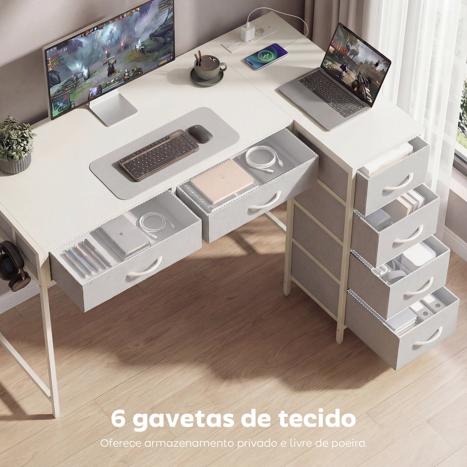 Secretária de canto reversível com 6 gavetas 126x48 cm com tomada de energia porta USB e USB-c branco