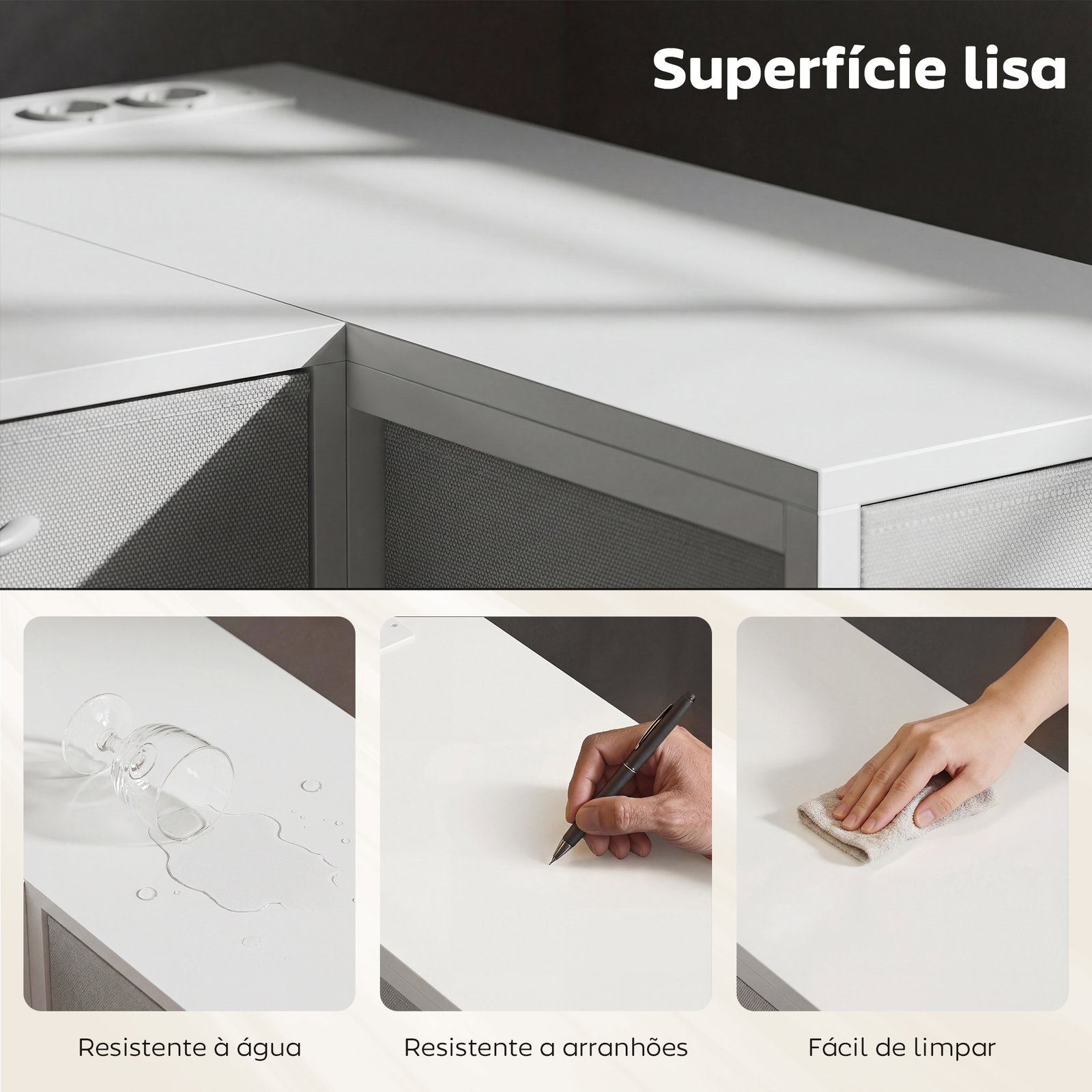 Secretária de canto reversível com 6 gavetas 126x48 cm com tomada de energia porta USB e USB-c branco