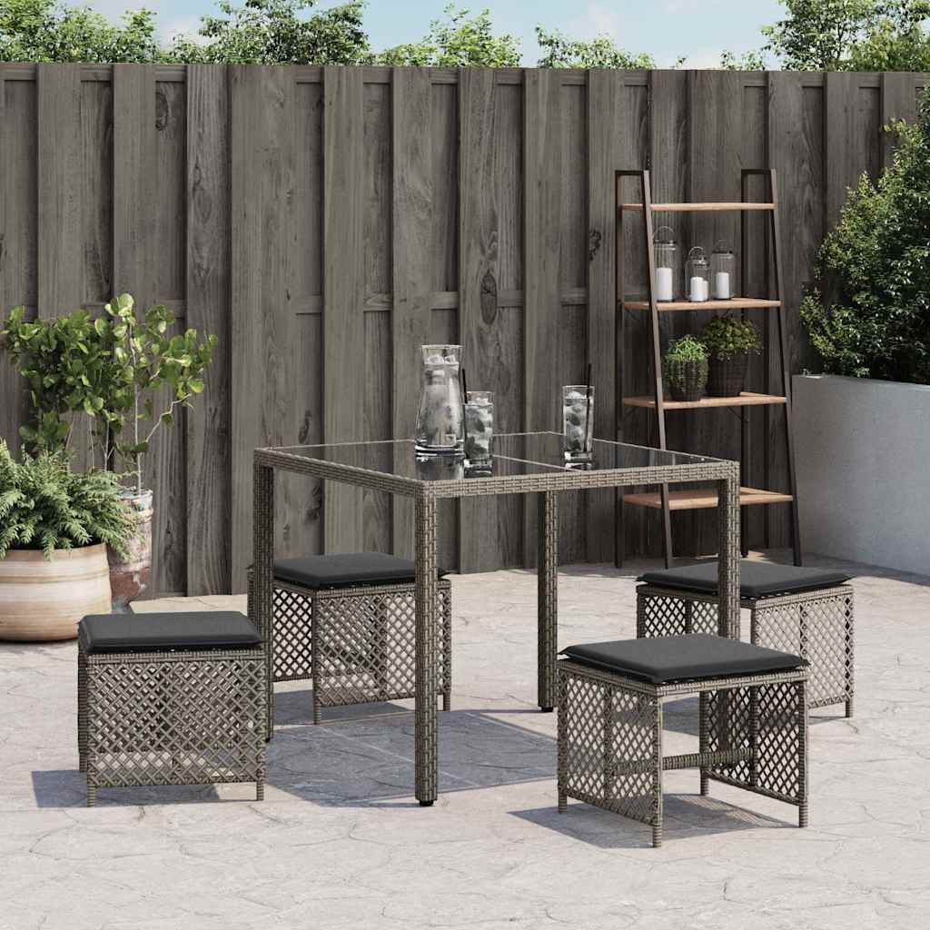 Bancos jardim com almofadões 4 pcs 41x41x36 cm vime PE cinzento