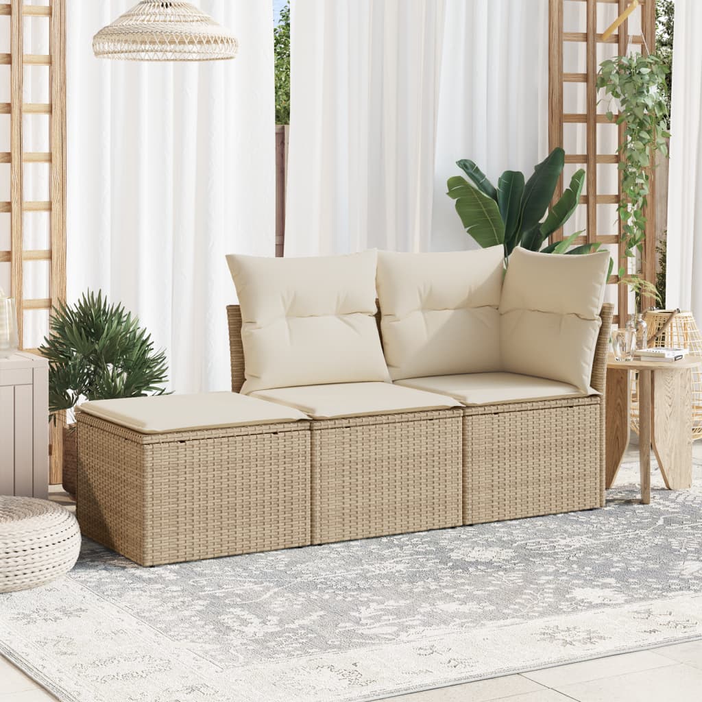 3 Pcs conjunto de sofás p/ jardim com almofadões vime PE bege