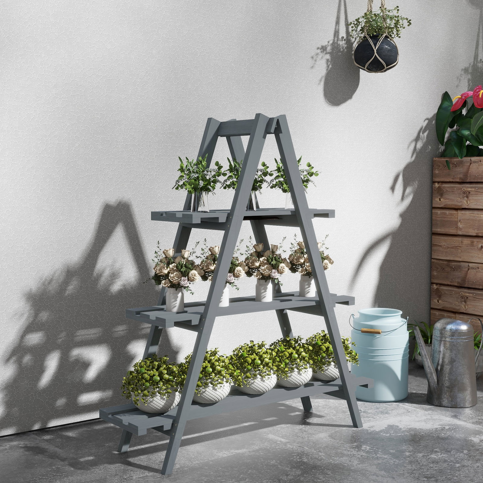 Suporte de madeira para plantas dobrável de 3 níveis com estrutura em forma de a para jardim pátio 100x36x112 cm cinza